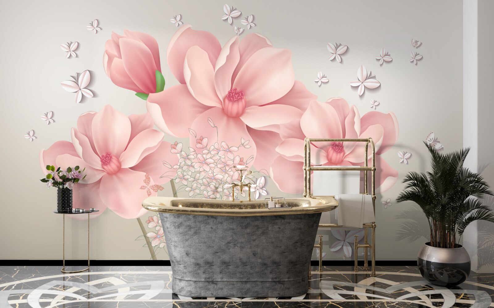 Fototapeta białe motyle i różowe kwiaty