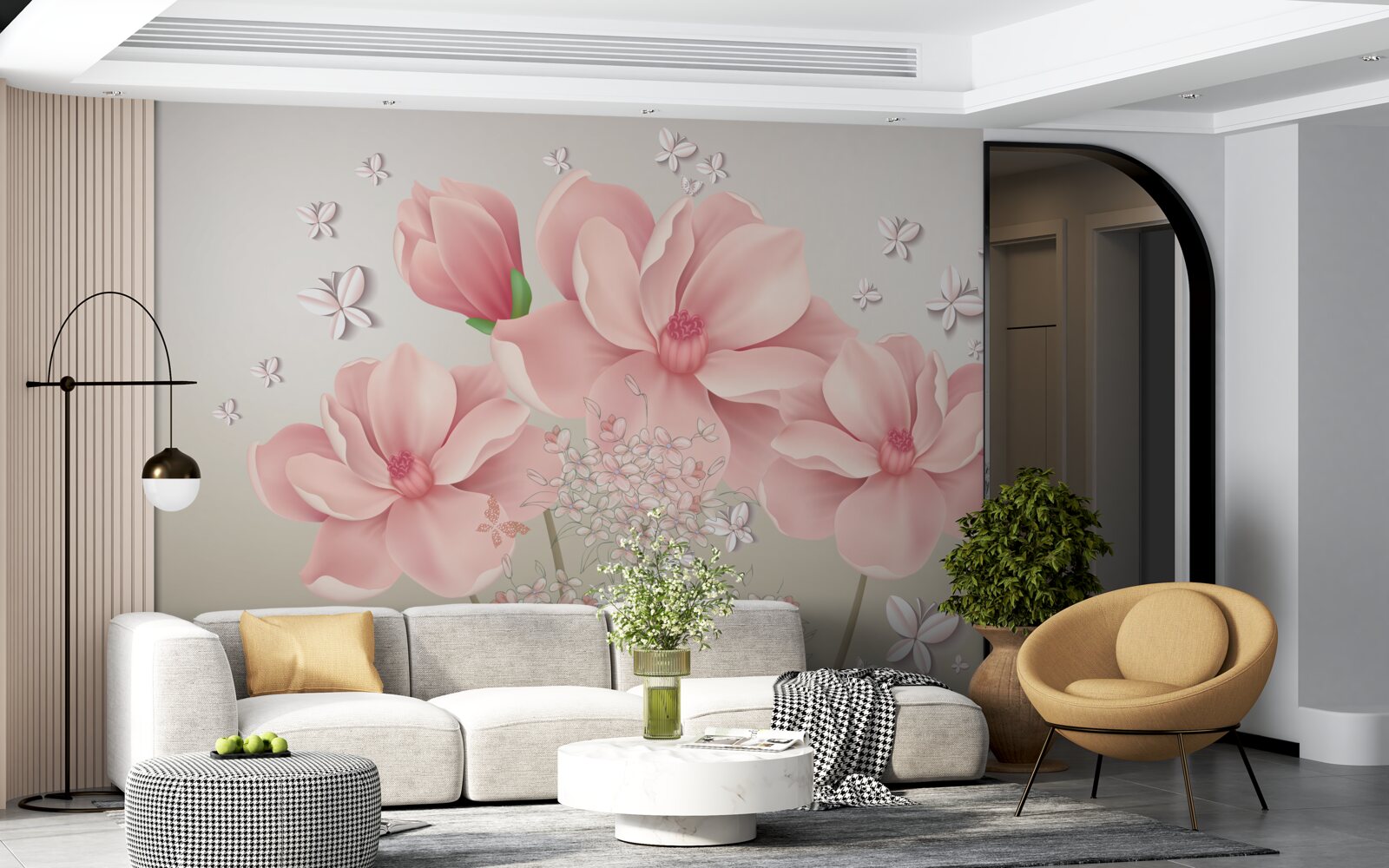 Fototapeta białe motyle i różowe kwiaty