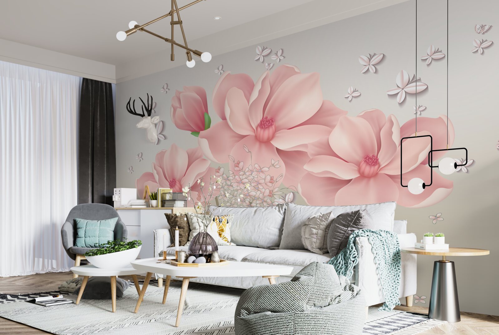 Fototapeta białe motyle i różowe kwiaty