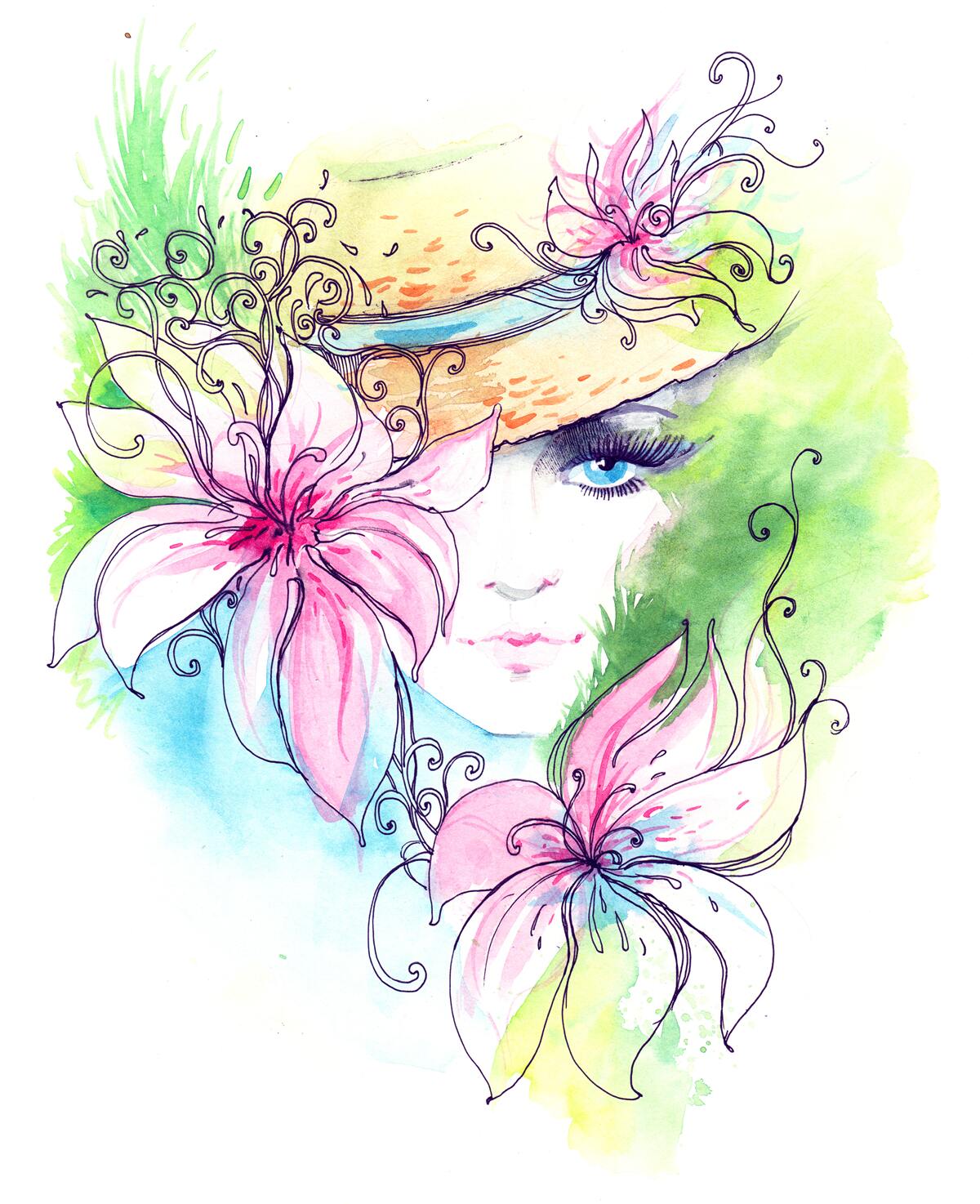 Fototapeta portret dziewczynki i kwiaty przedstawione na obrazie