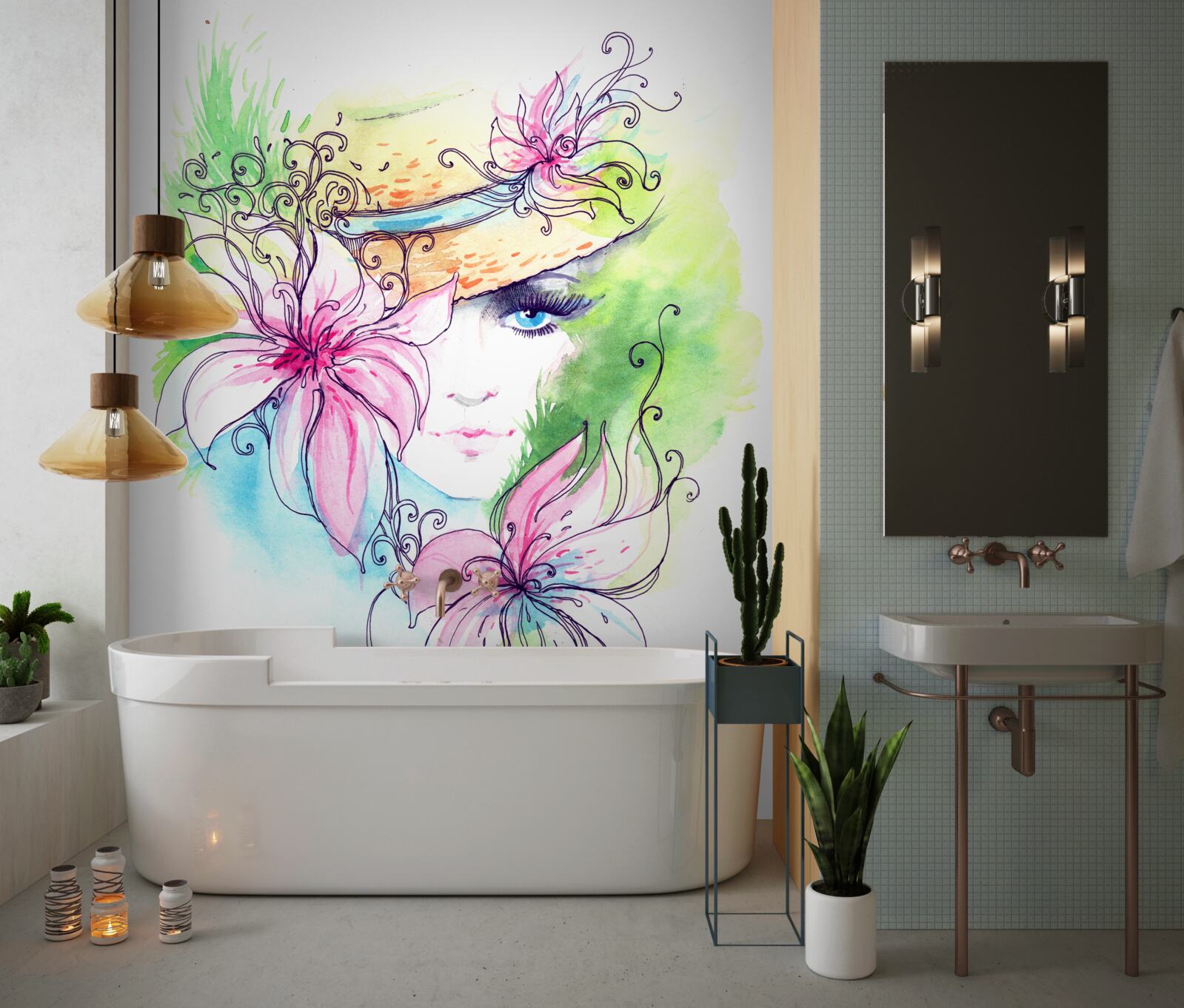 Fototapeta portret dziewczynki i kwiaty przedstawione na obrazie