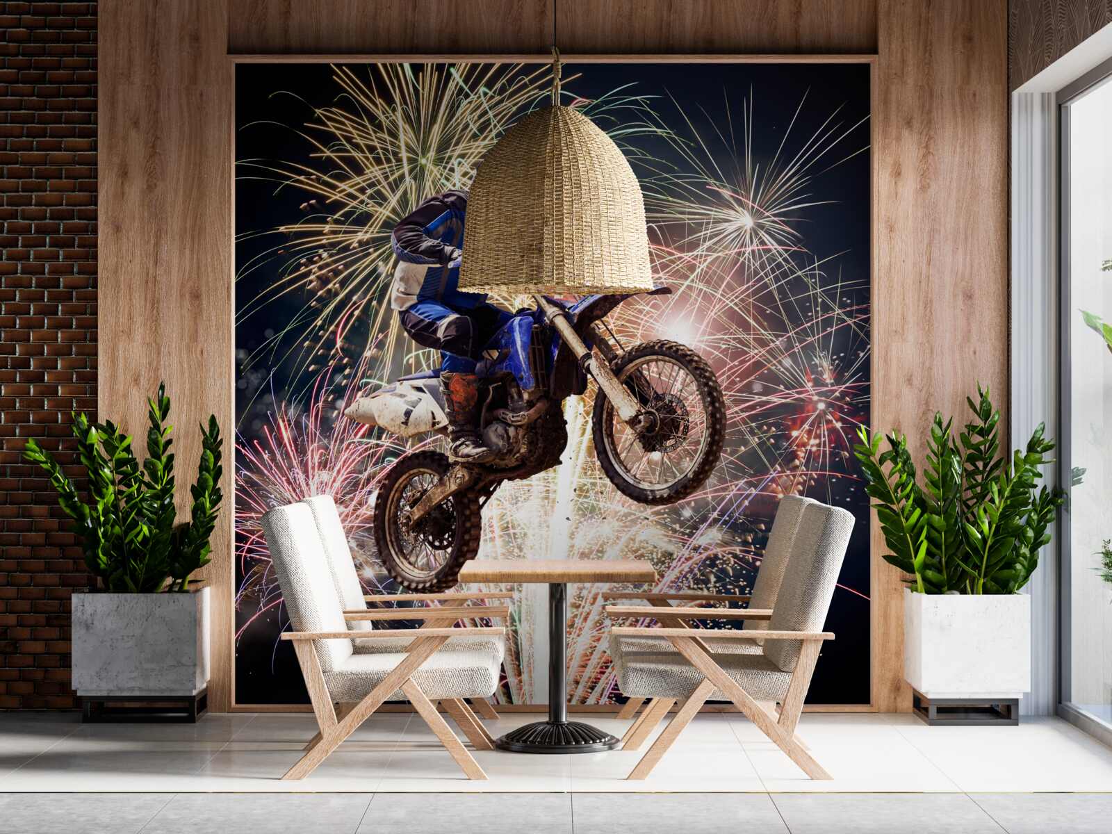 Fototapeta rowerzysta z tyłu fajerwerków