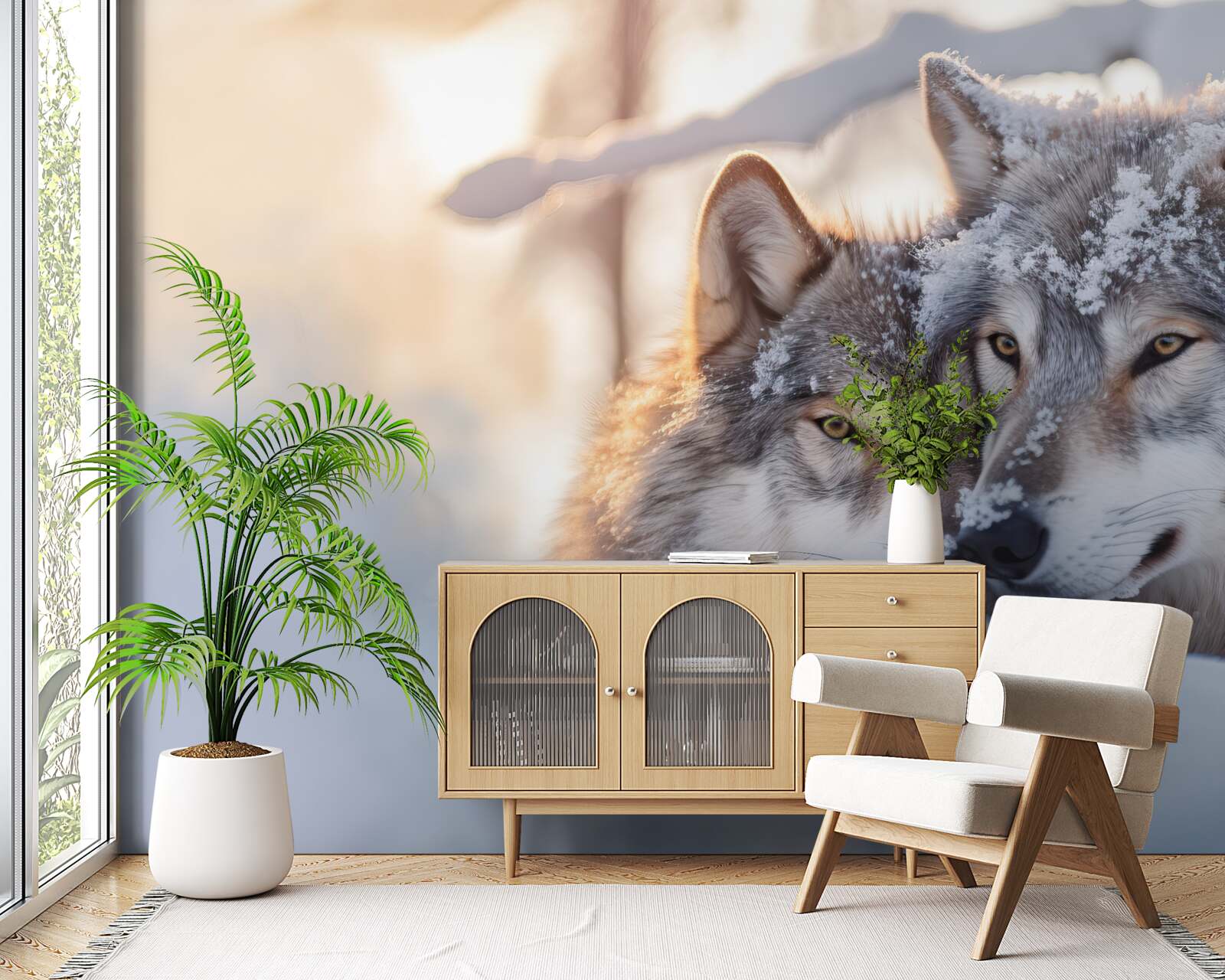 Fototapeta Śnieżnobiałe krajobrazy z szarymi wilkami w środku