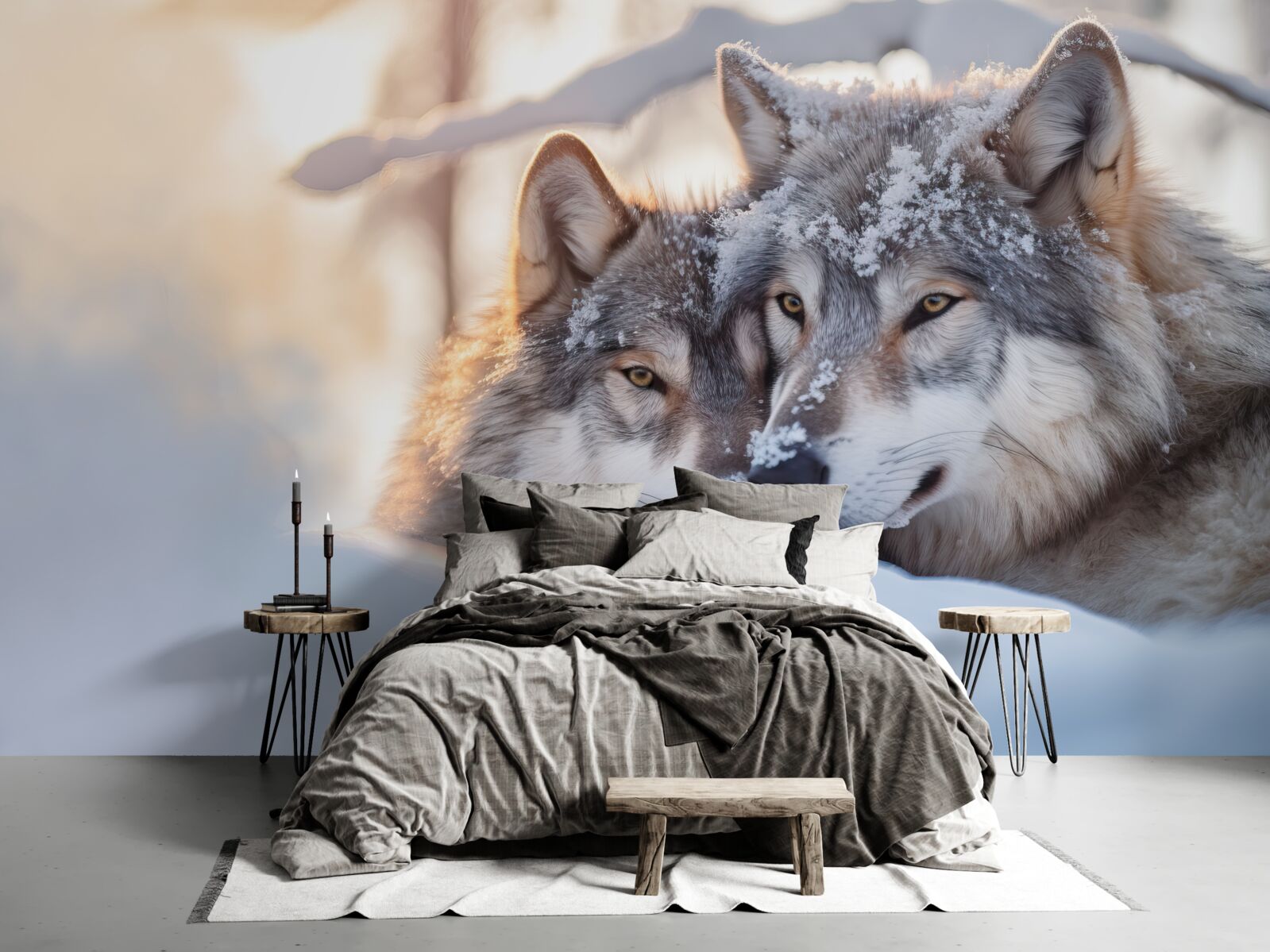 Fototapeta Śnieżnobiałe krajobrazy z szarymi wilkami w środku