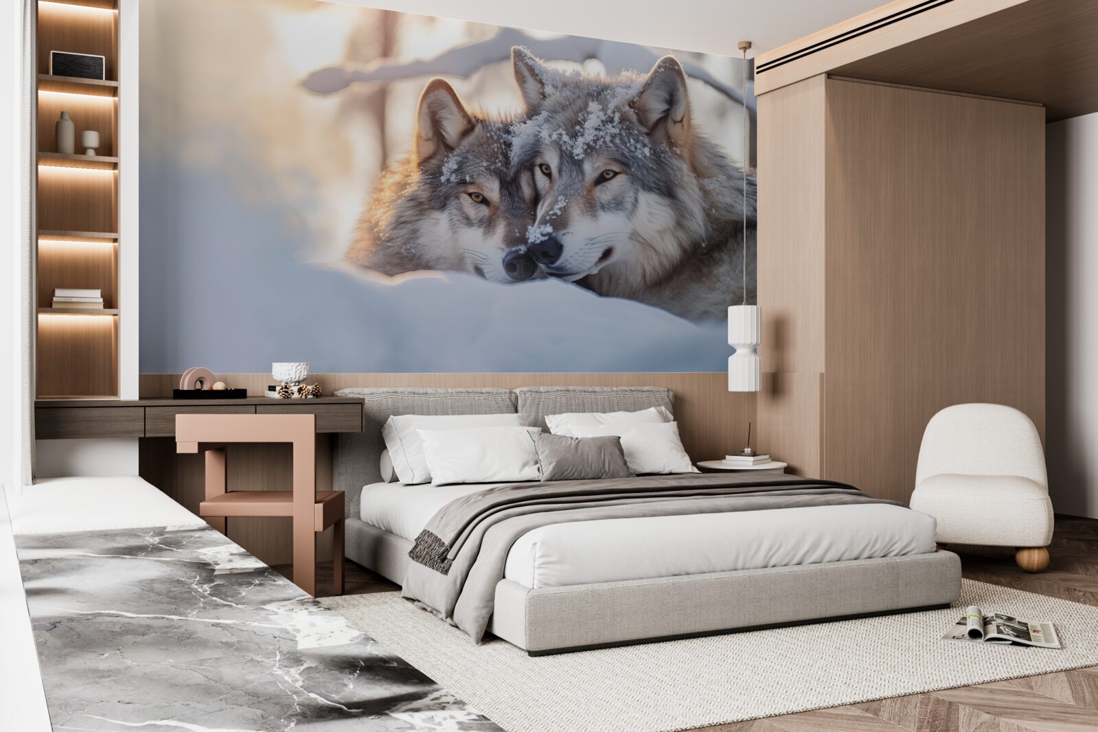 Fototapeta Śnieżnobiałe krajobrazy z szarymi wilkami w środku