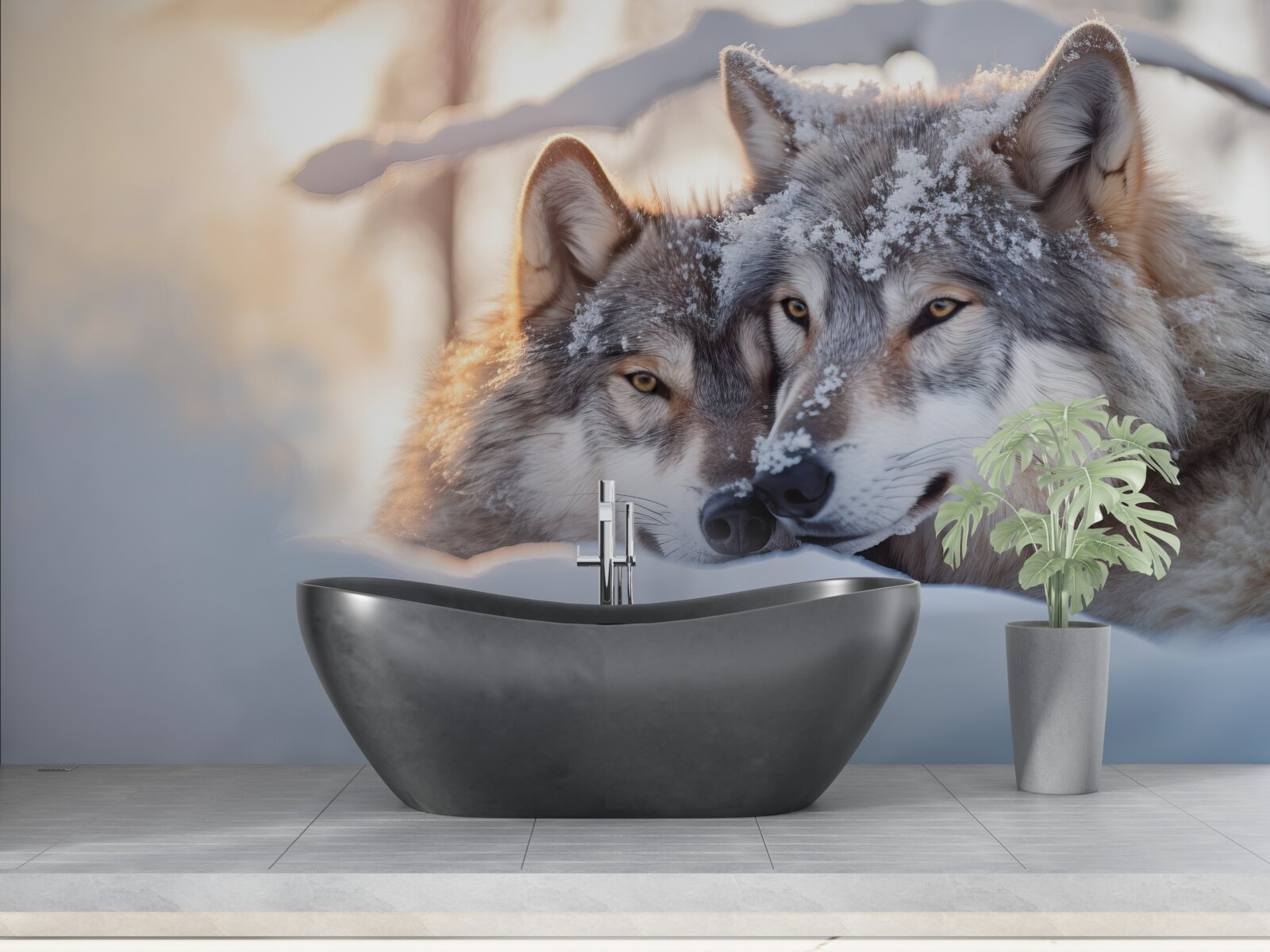 Fototapeta Śnieżnobiałe krajobrazy z szarymi wilkami w środku