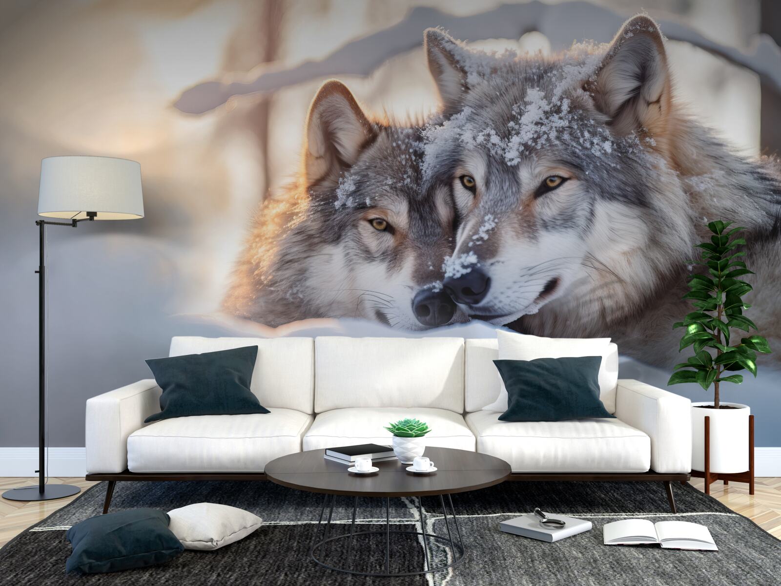 Fototapeta Śnieżnobiałe krajobrazy z szarymi wilkami w środku