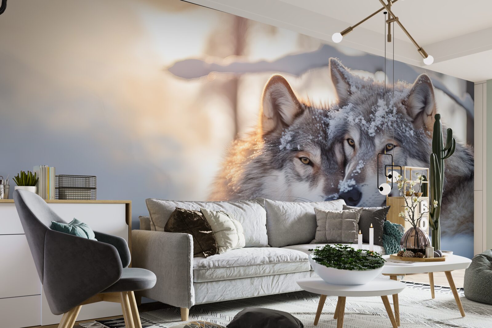 Fototapeta Śnieżnobiałe krajobrazy z szarymi wilkami w środku