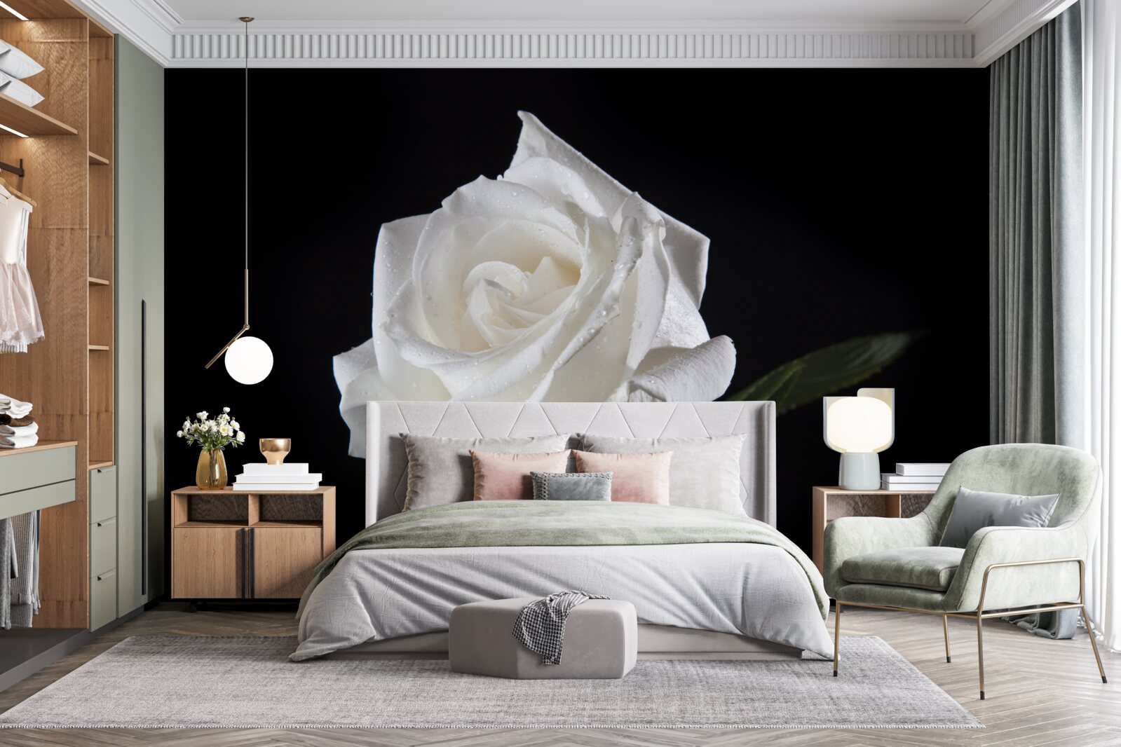 Fototapeta czarne tło podkreśla biel róży