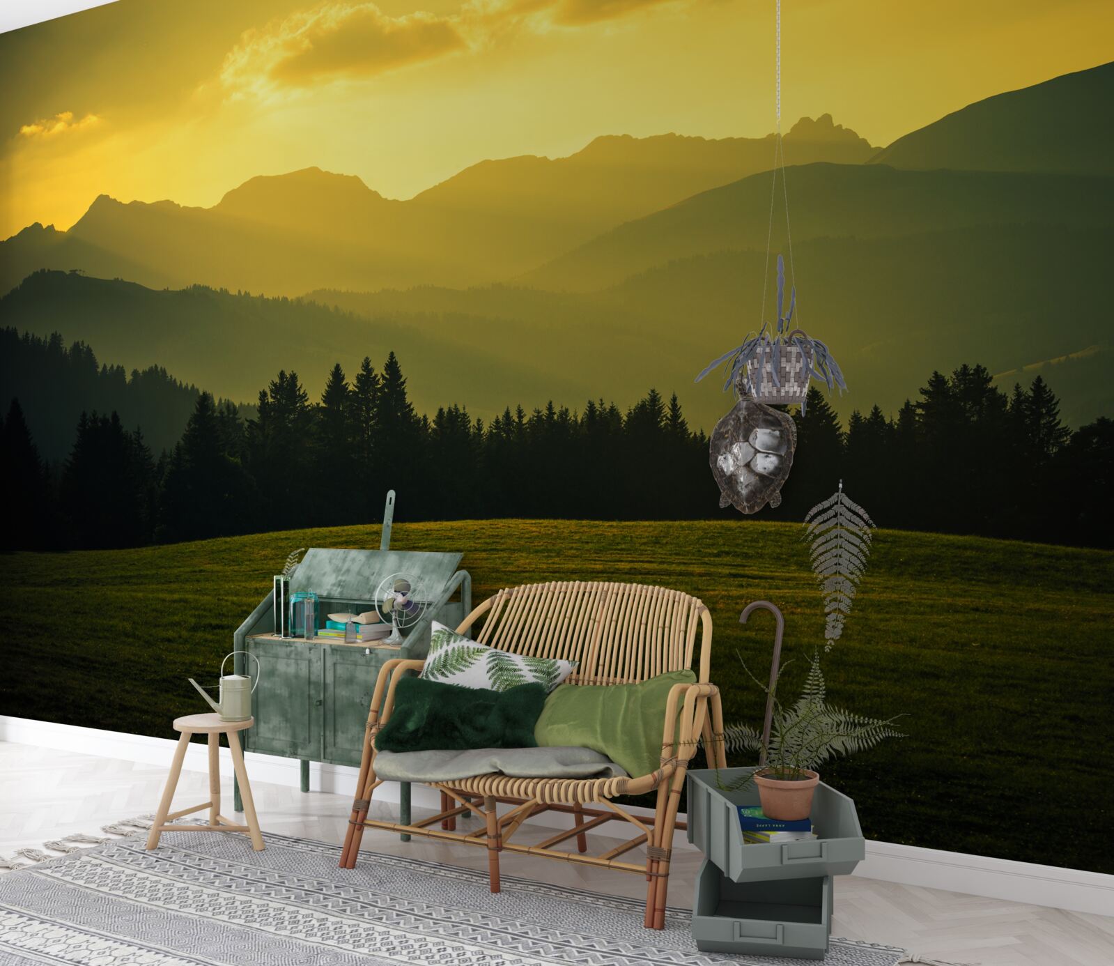 Fototapeta niesamowity żółty zachód słońca w zadymionym górskim lesie