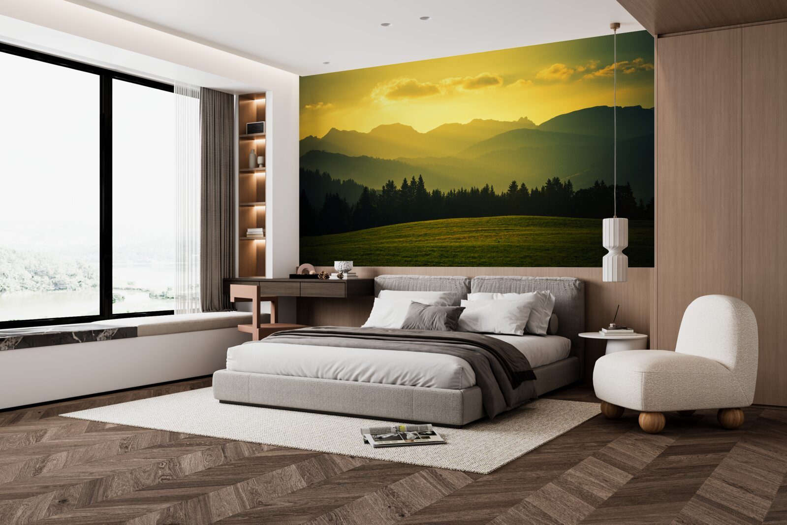 Fototapeta niesamowity żółty zachód słońca w zadymionym górskim lesie