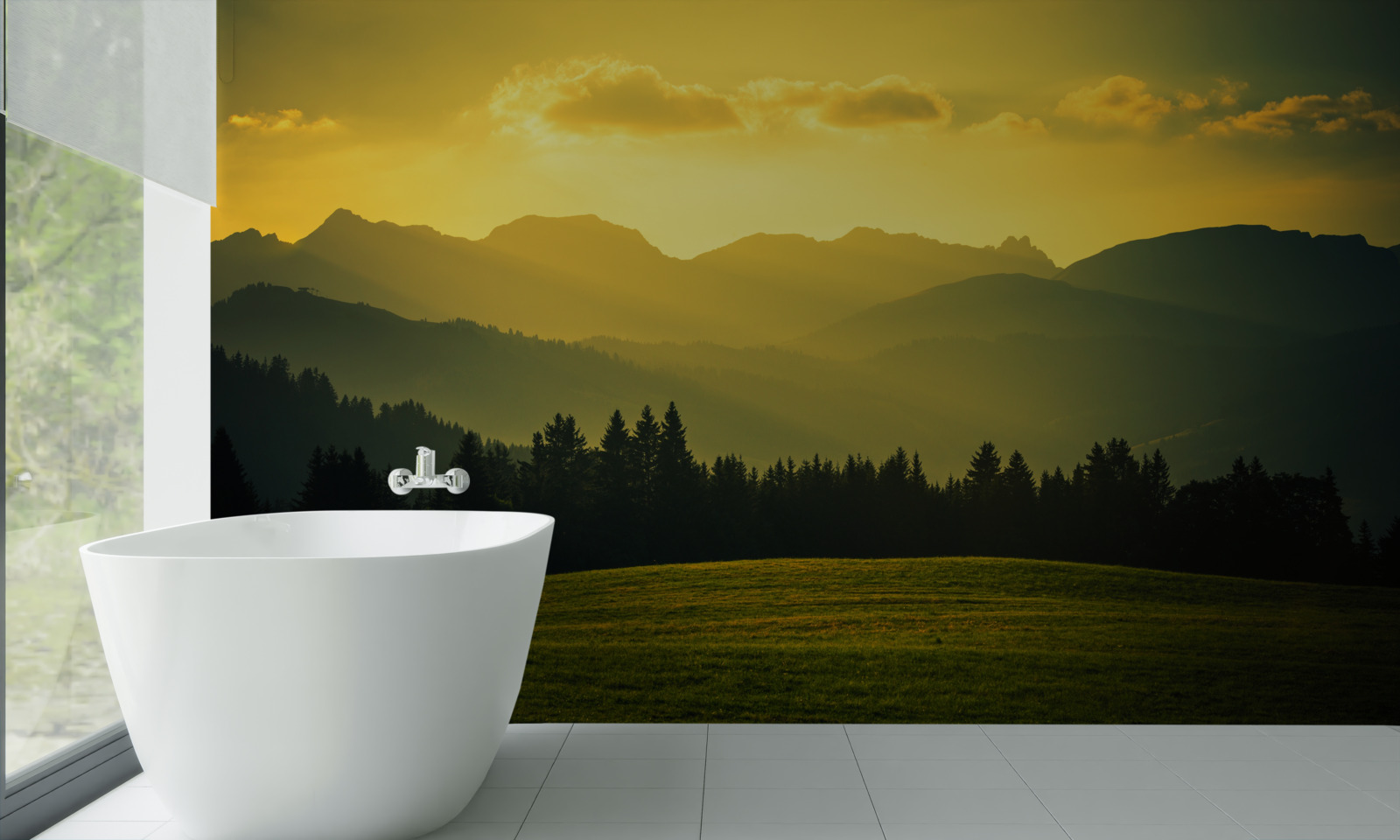 Fototapeta niesamowity żółty zachód słońca w zadymionym górskim lesie