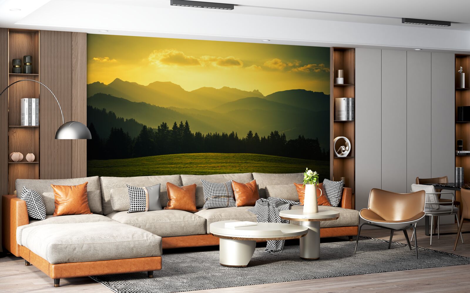 Fototapeta niesamowity żółty zachód słońca w zadymionym górskim lesie