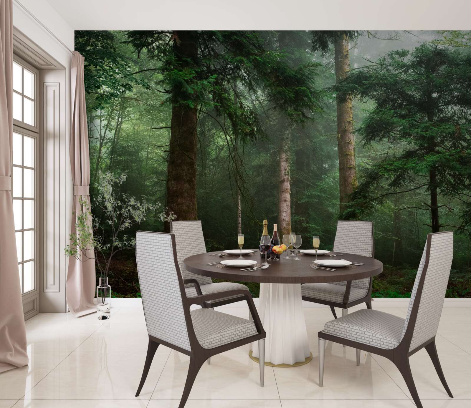 Fototapeta stary las iglasty spowija gęsta mgła