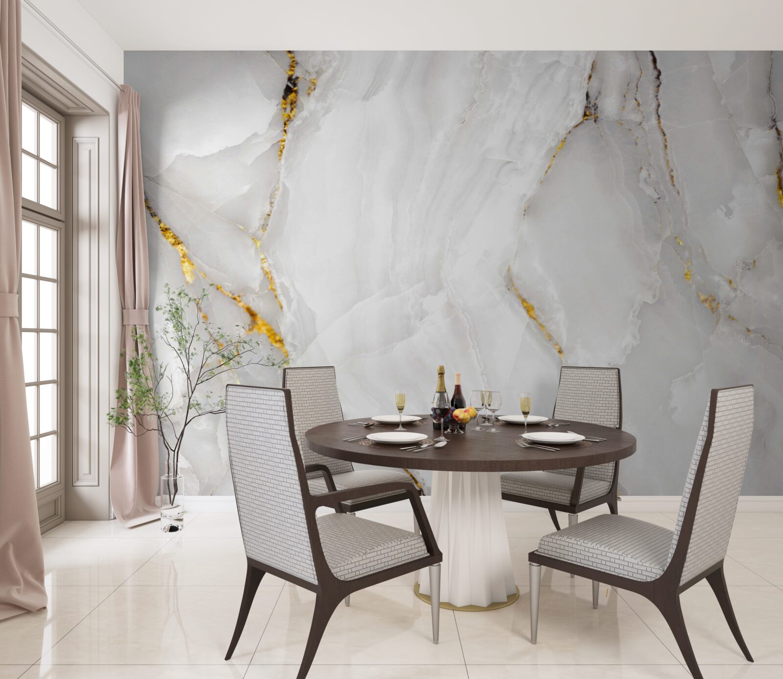 Fototapeta marmur w odcieniach szarości i bieli ze złotymi elementami