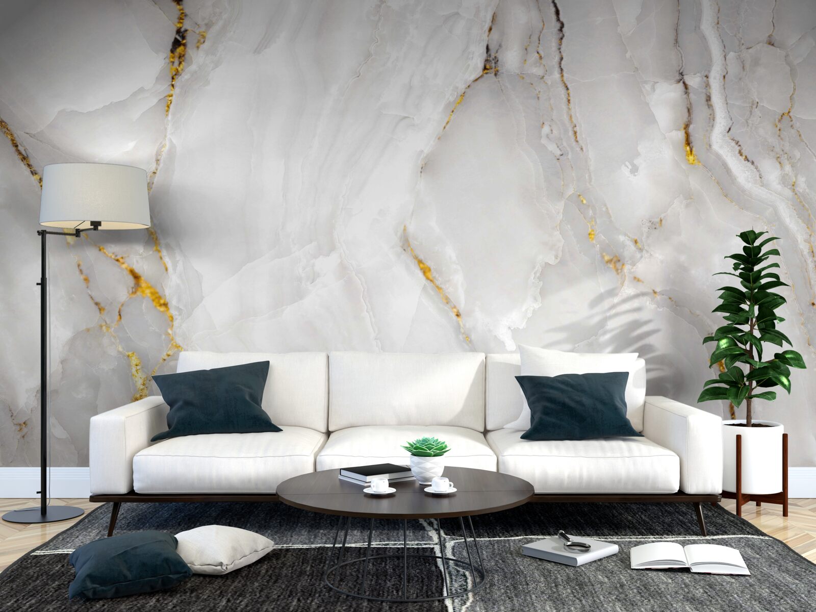 Fototapeta marmur w odcieniach szarości i bieli ze złotymi elementami