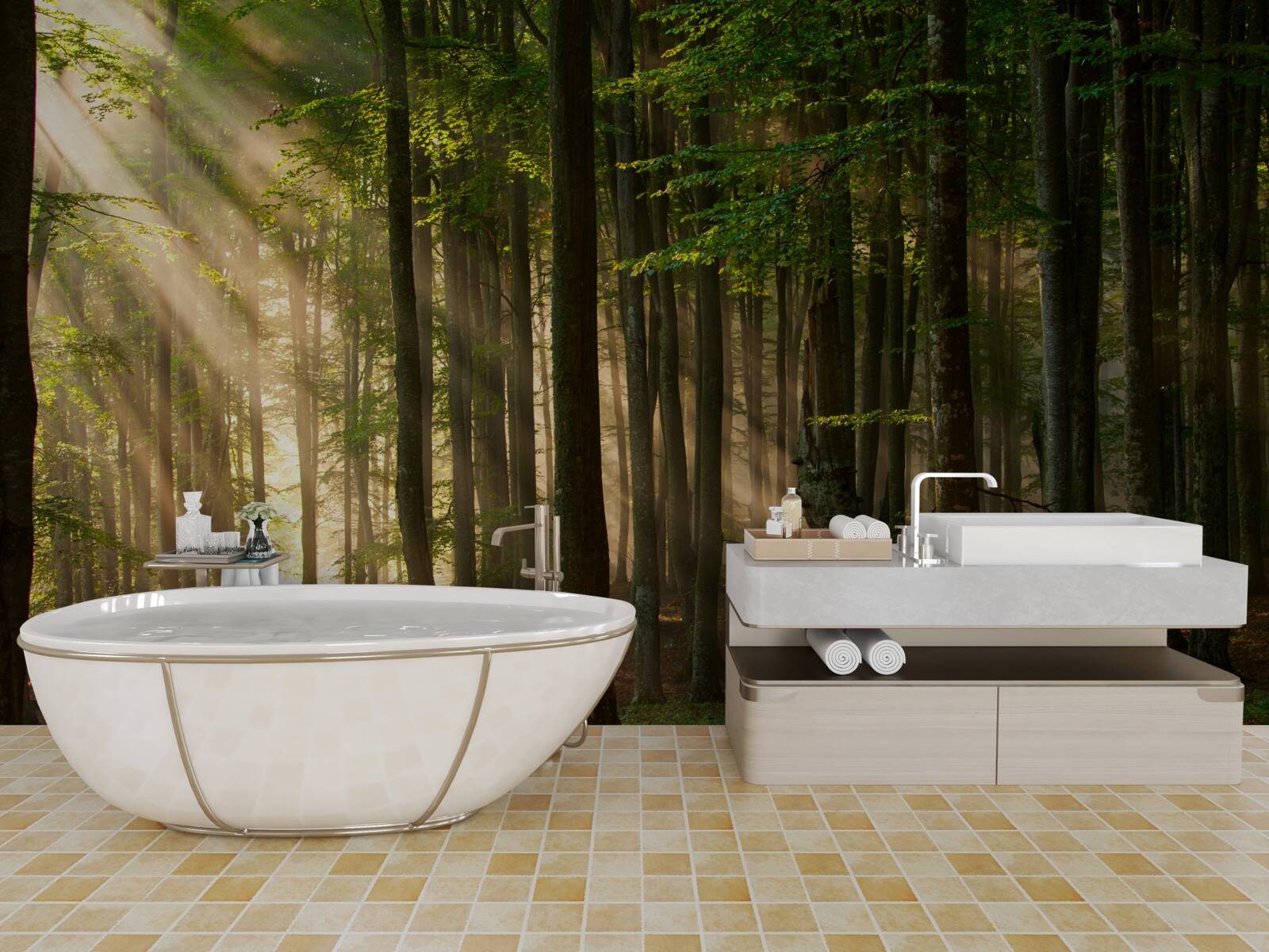 Fototapeta promienie słońca przeganiają chłód z lasu po nocy