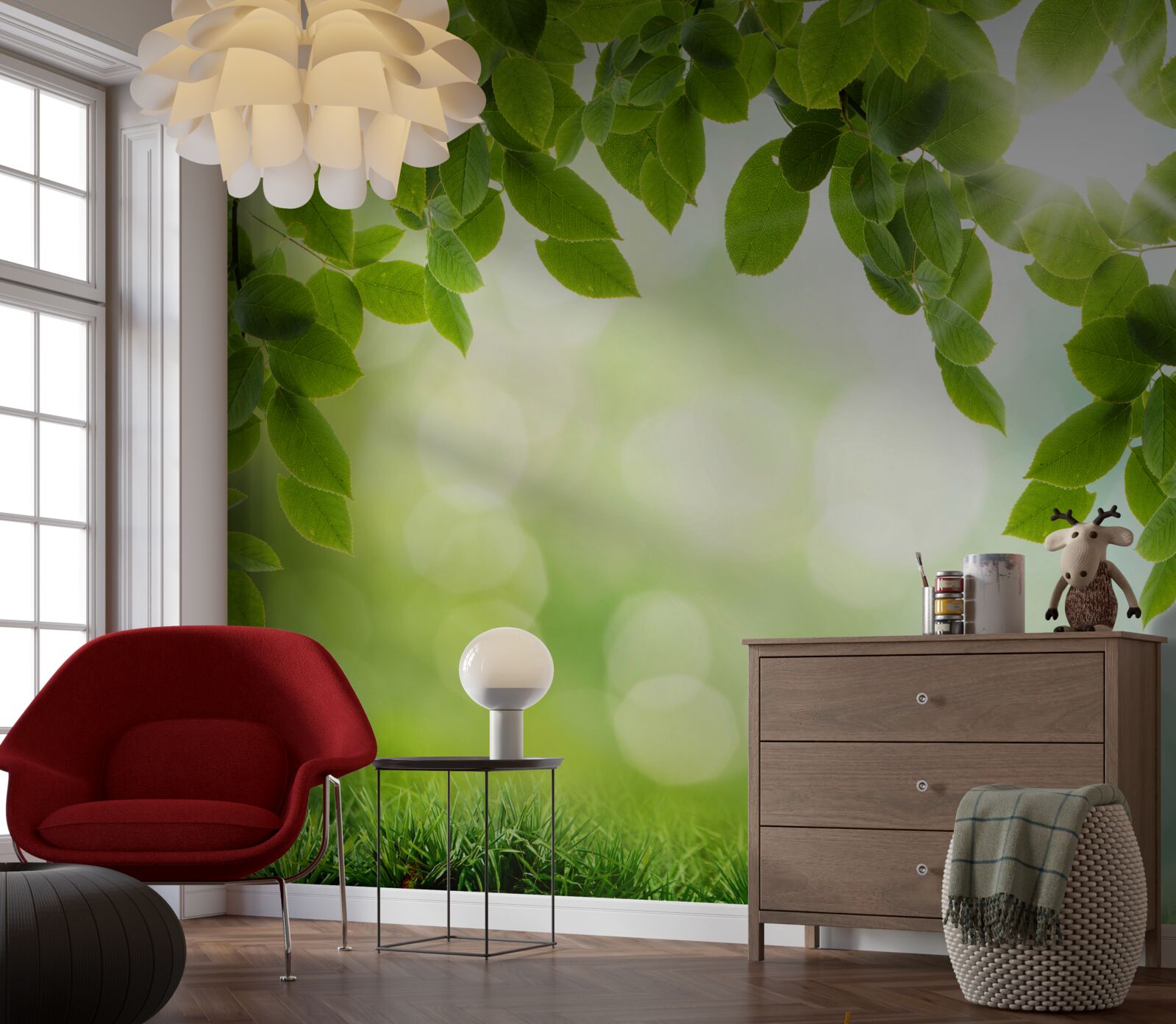 Fototapeta słońce w swojej jasności i liściach ozdobionych zielonymi kroplami