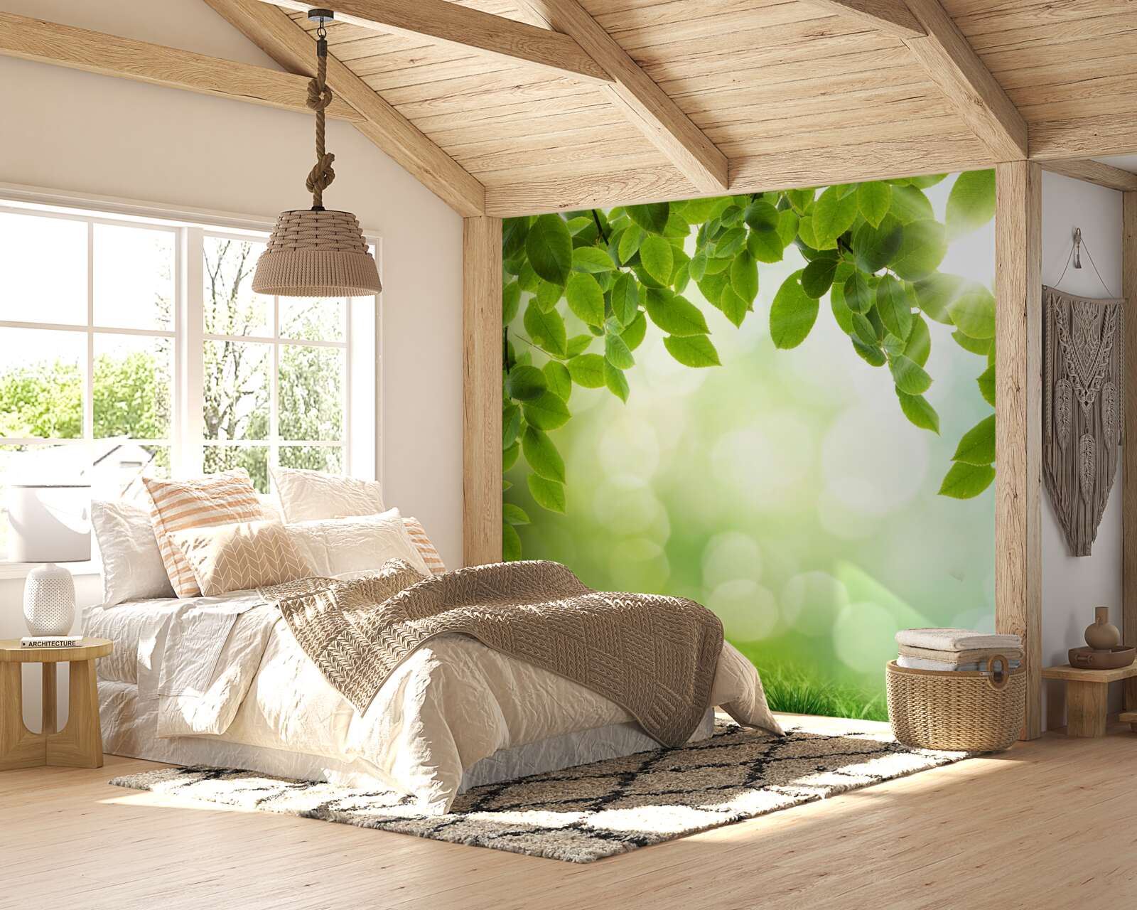 Fototapeta słońce w swojej jasności i liściach ozdobionych zielonymi kroplami