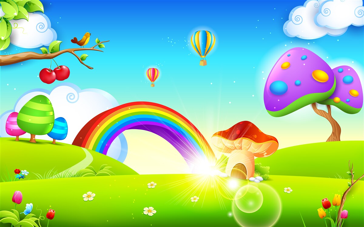 Fototapeta fantastyczny trawnik pod jasną tęczą