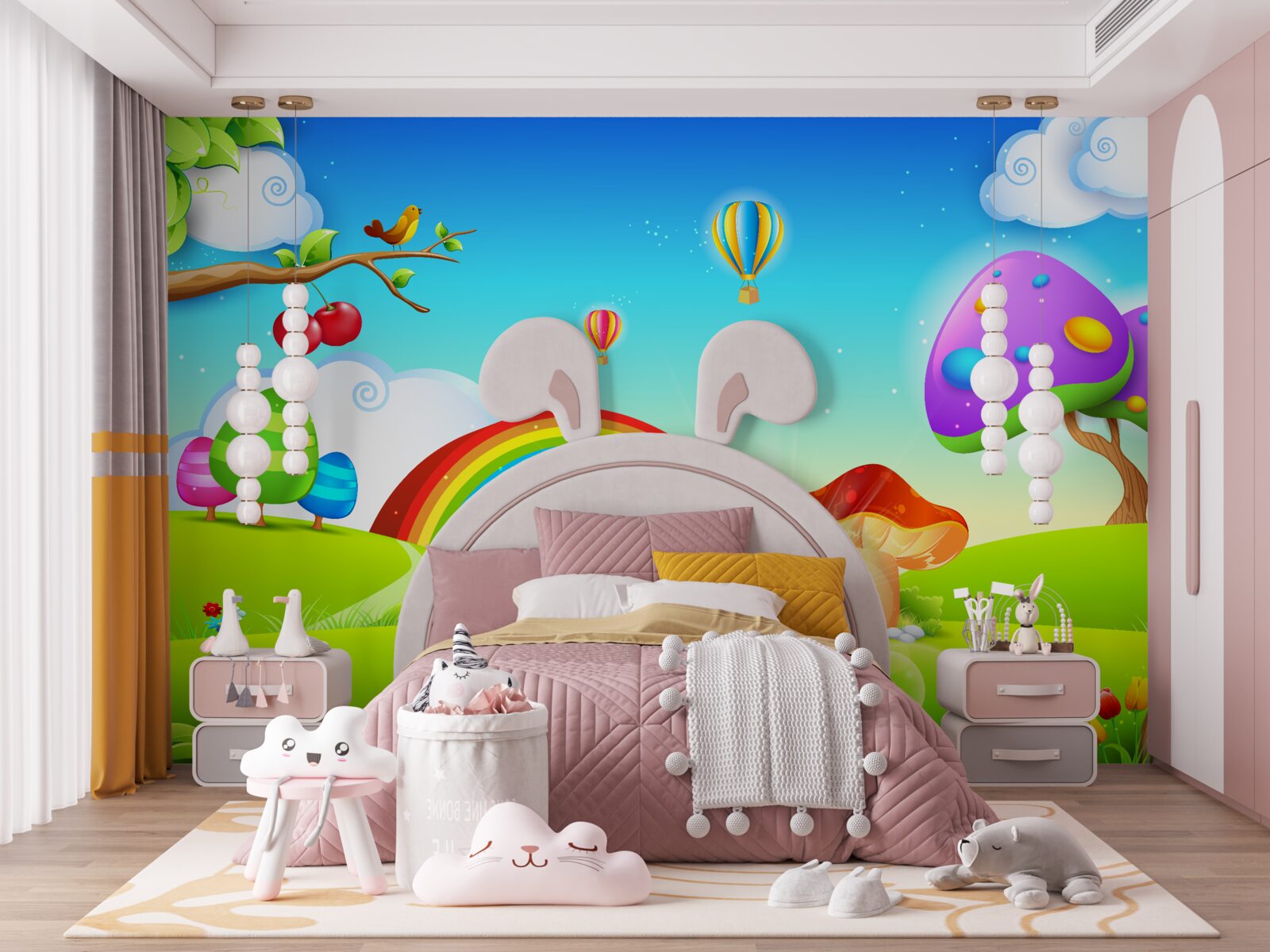 Fototapeta fantastyczny trawnik pod jasną tęczą