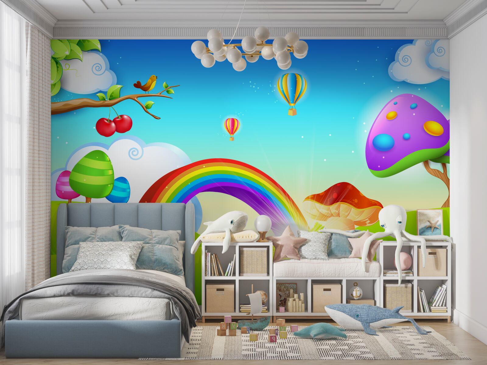 Fototapeta fantastyczny trawnik pod jasną tęczą