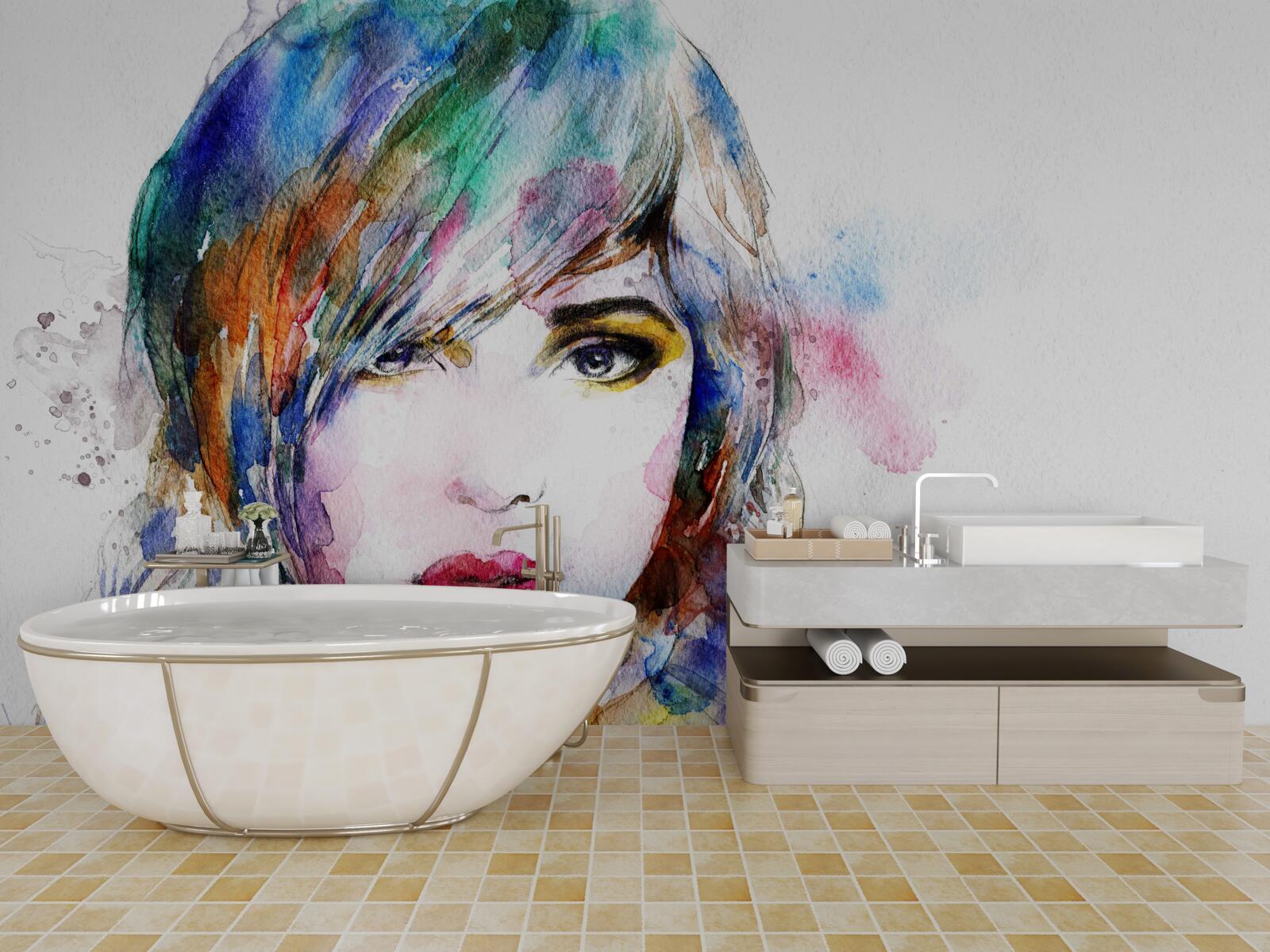 Fototapeta wizerunek dziewczynki wykonany w jasnych kolorach akwareli