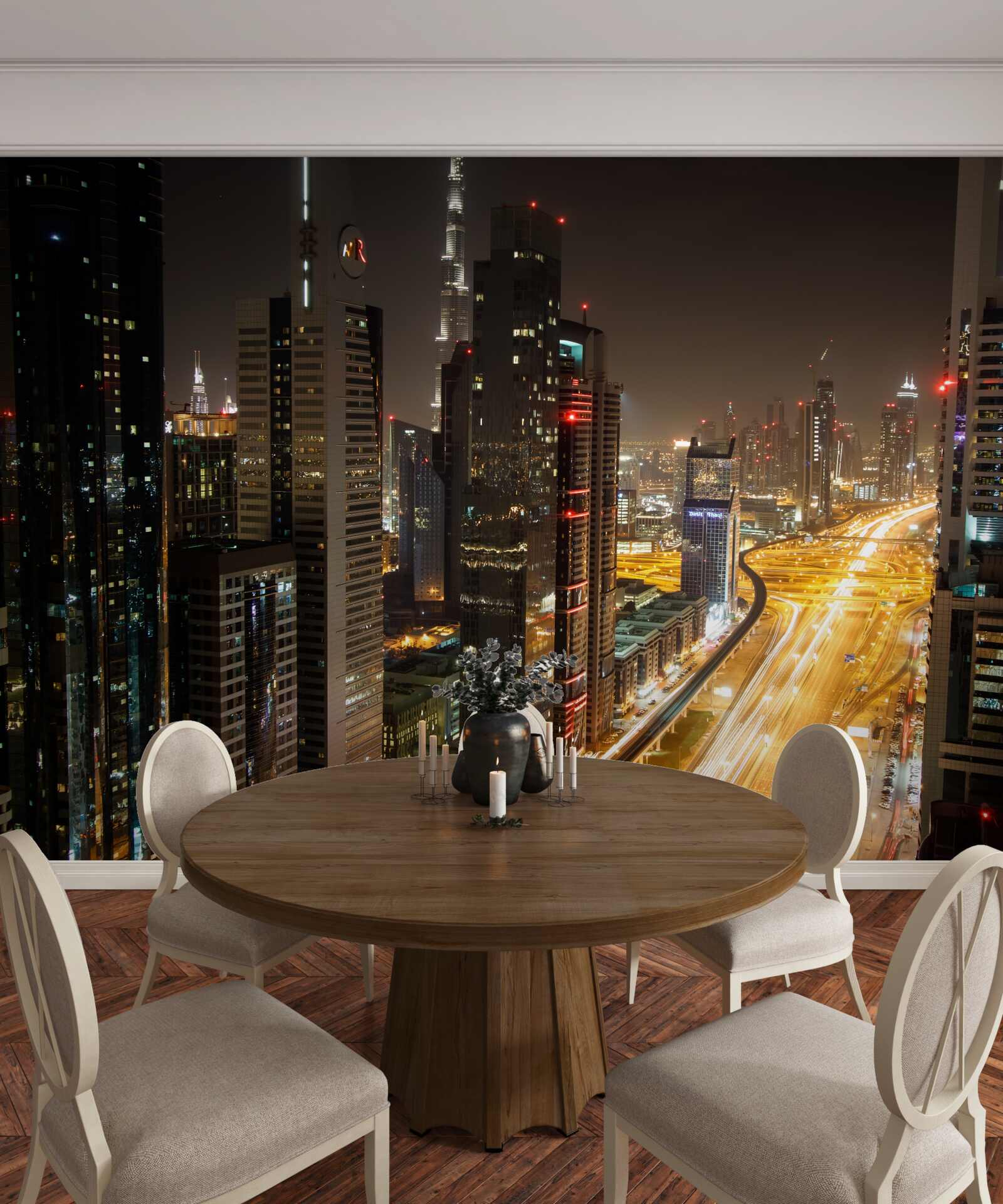 Fototapeta aleję nocną otaczają wielopiętrowe budynki mieszkalne