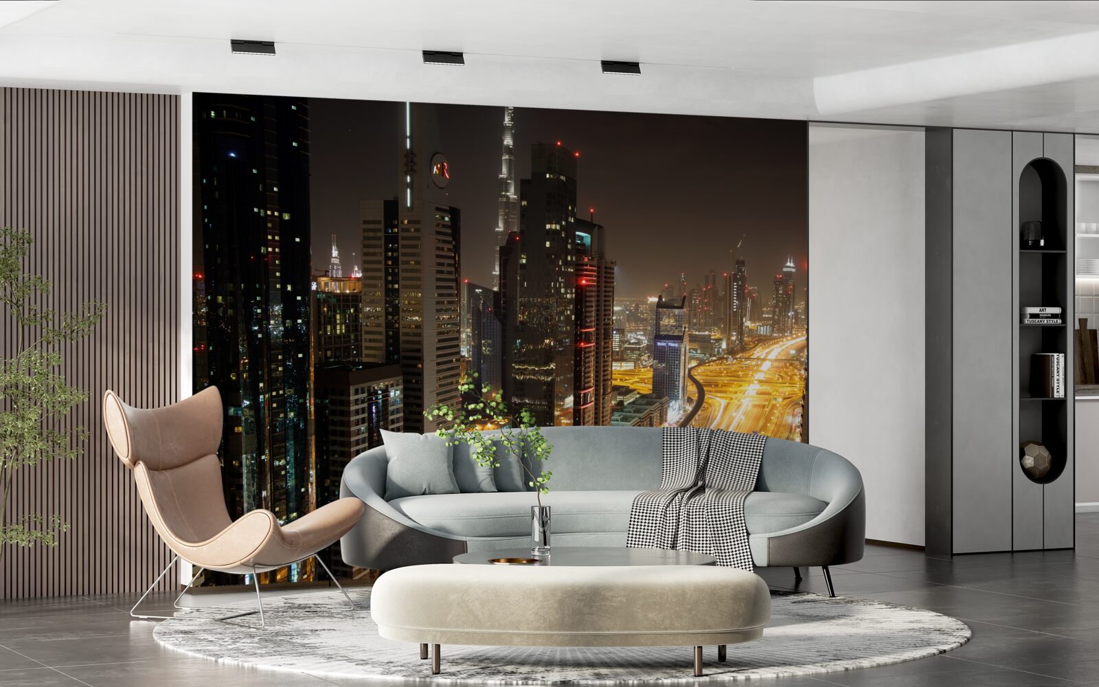 Fototapeta aleję nocną otaczają wielopiętrowe budynki mieszkalne