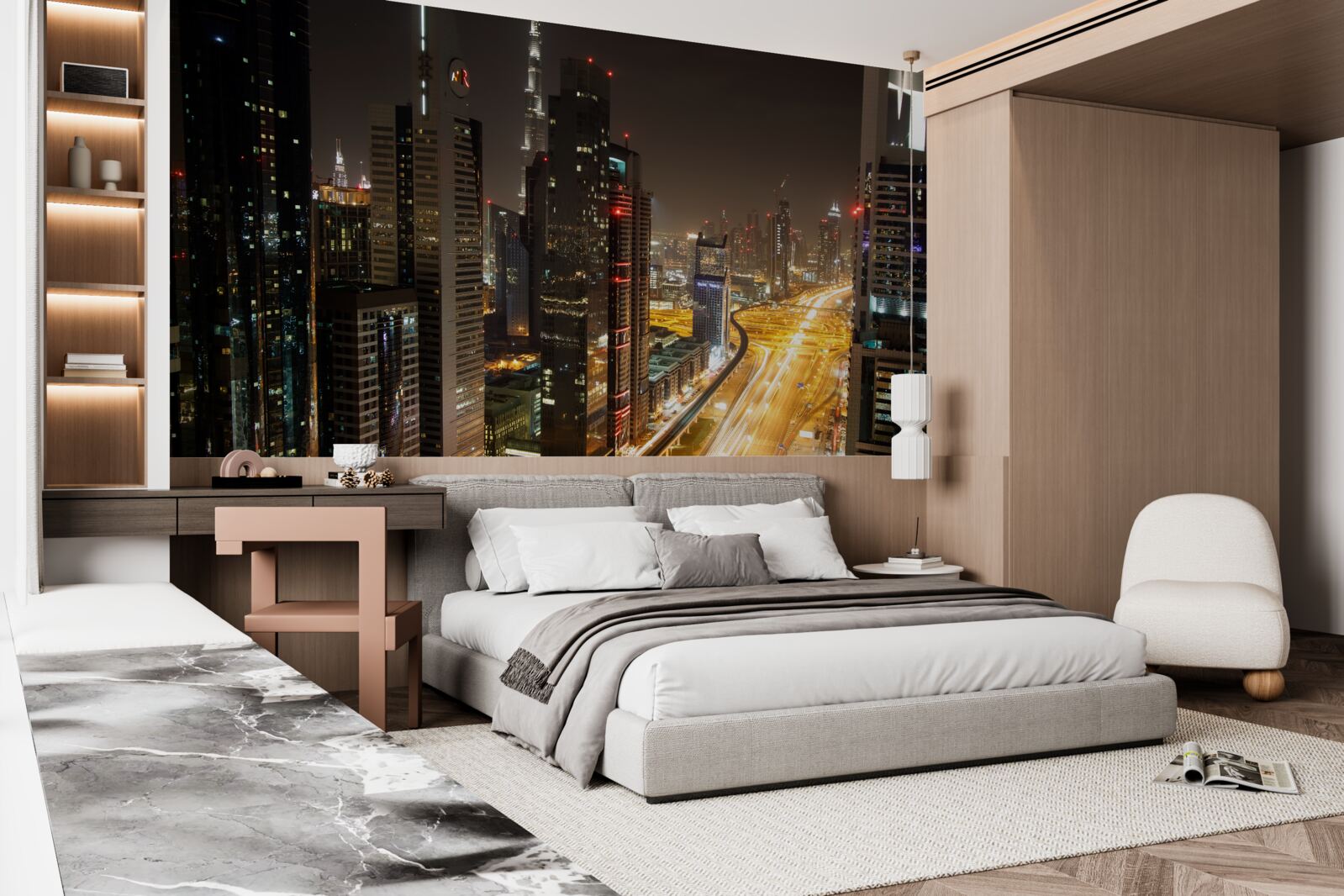 Fototapeta aleję nocną otaczają wielopiętrowe budynki mieszkalne