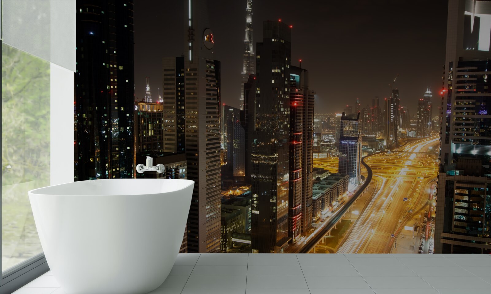 Fototapeta aleję nocną otaczają wielopiętrowe budynki mieszkalne