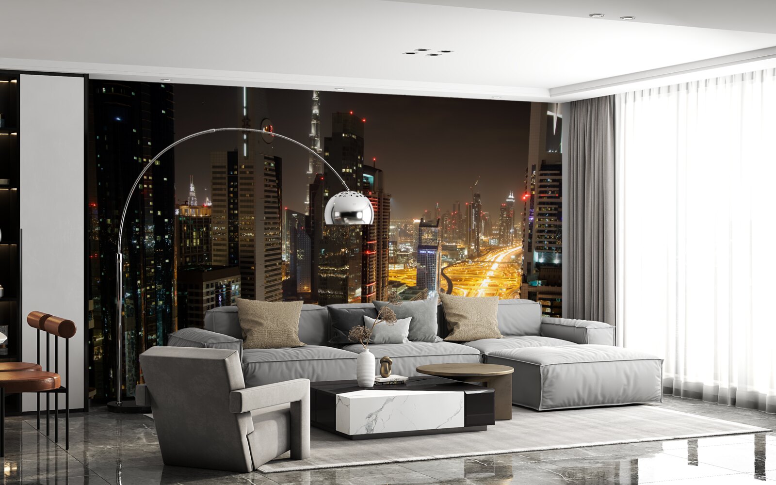 Fototapeta aleję nocną otaczają wielopiętrowe budynki mieszkalne