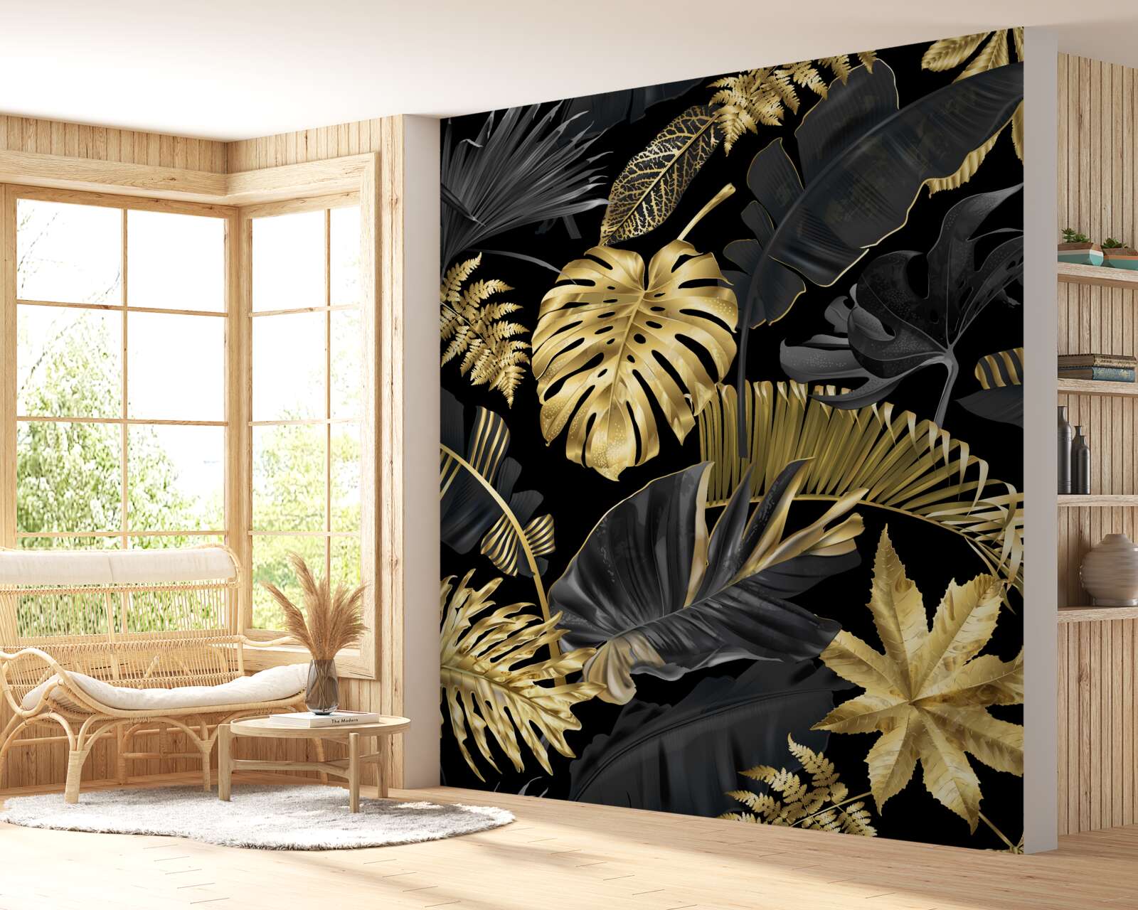 Fototapeta liście tropikalne w kolorze czarnym i złotym