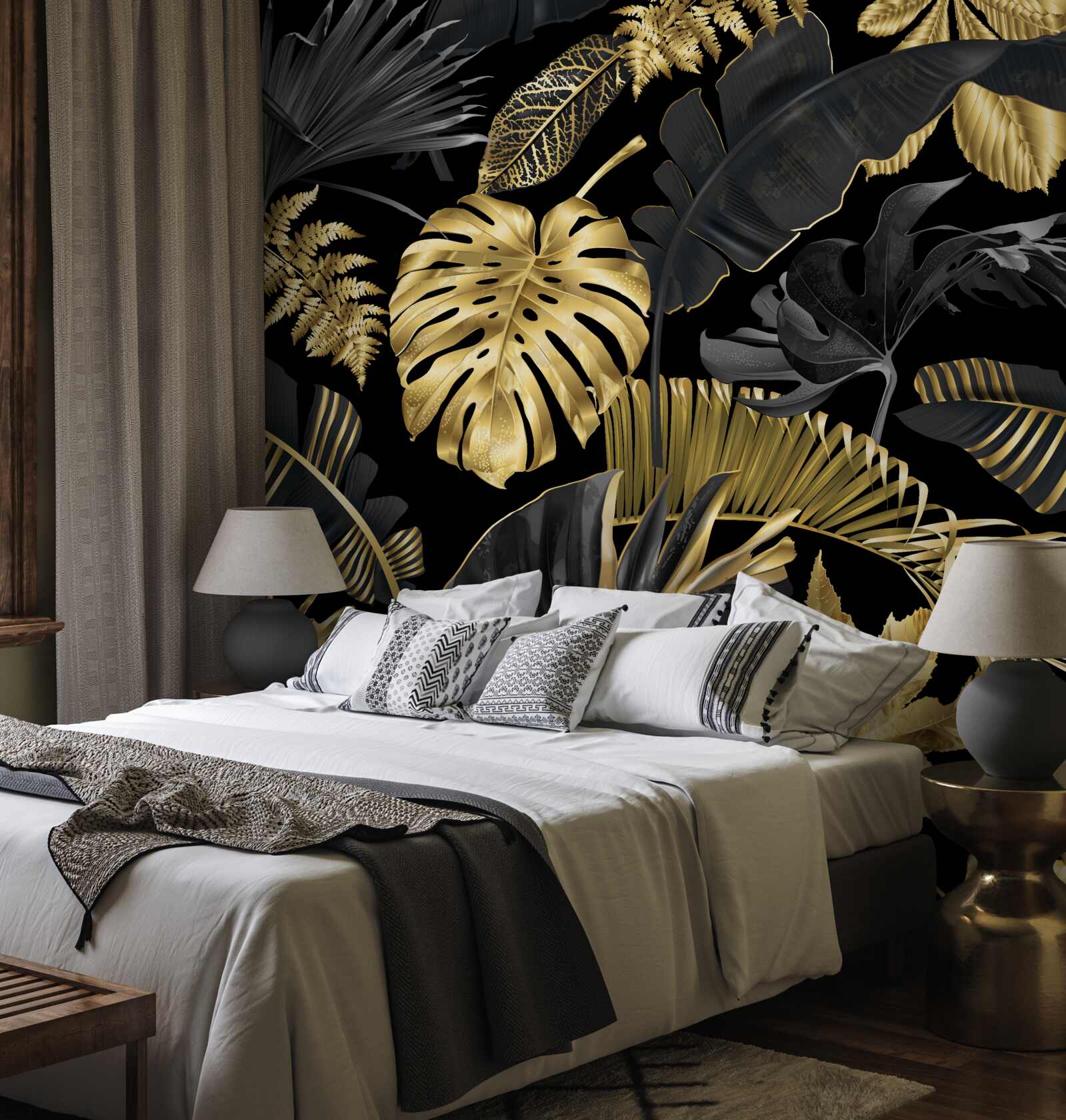 Fototapeta liście tropikalne w kolorze czarnym i złotym
