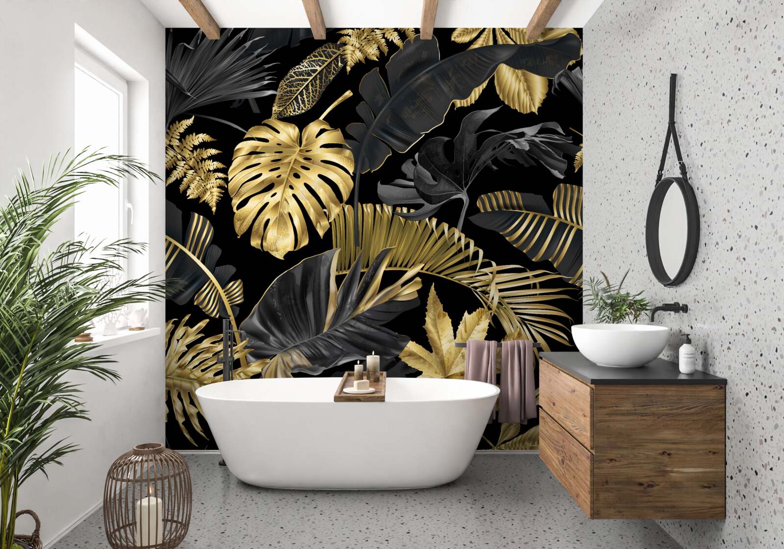 Fototapeta liście tropikalne w kolorze czarnym i złotym