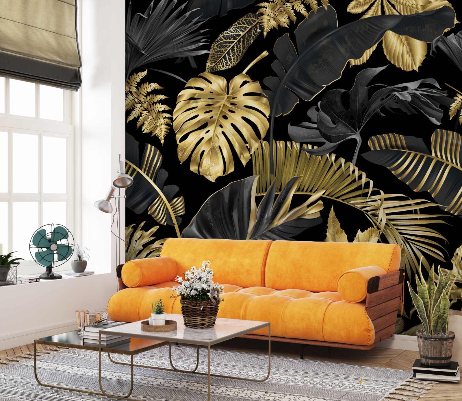 Fototapeta liście tropikalne w kolorze czarnym i złotym