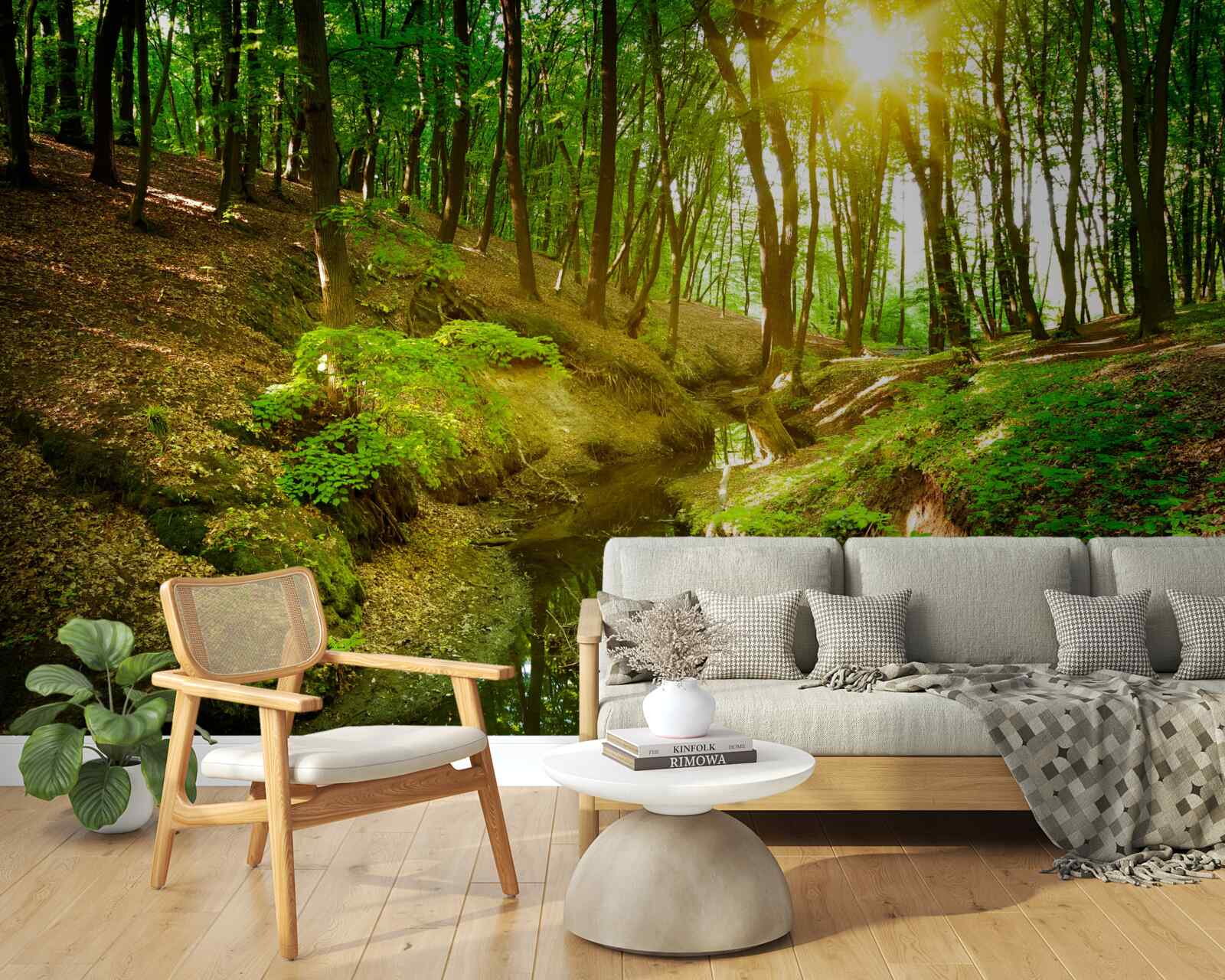 Fototapeta poranne światło słoneczne w zielonym lesie wypełnionym liśćmi