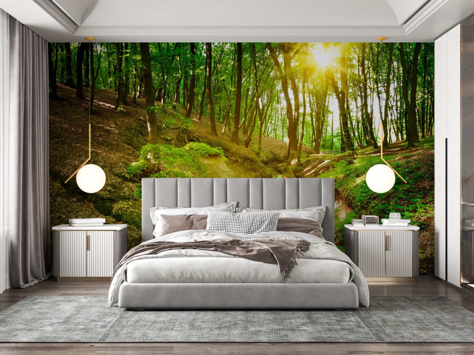 Fototapeta poranne światło słoneczne w zielonym lesie wypełnionym liśćmi