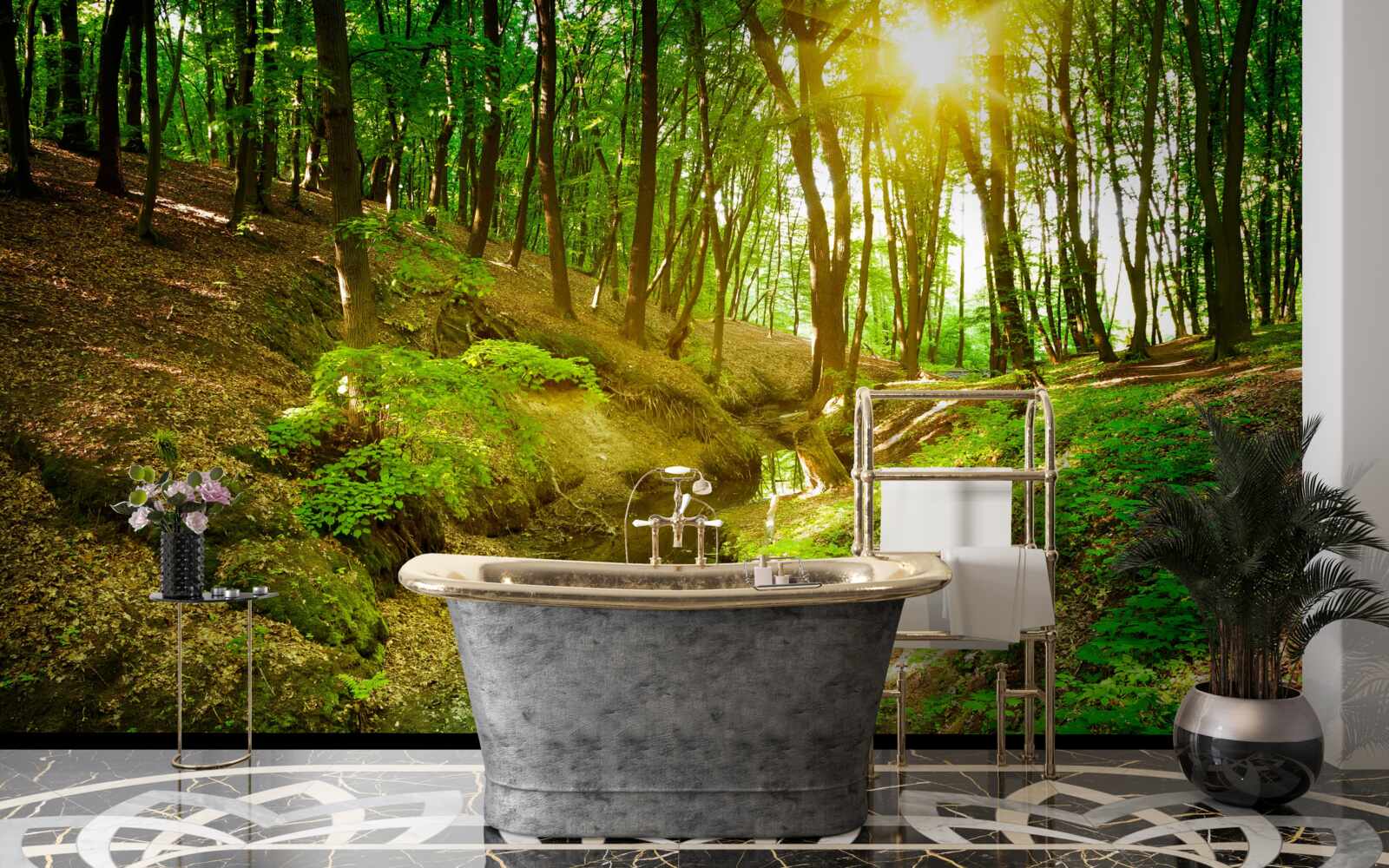 Fototapeta poranne światło słoneczne w zielonym lesie wypełnionym liśćmi