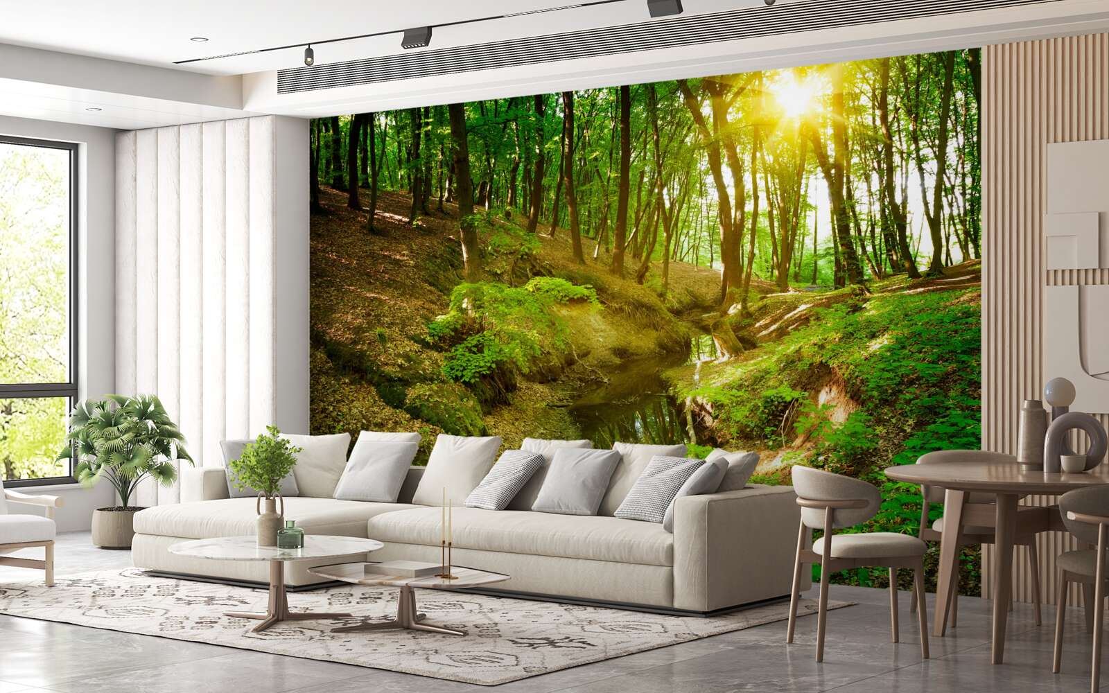 Fototapeta poranne światło słoneczne w zielonym lesie wypełnionym liśćmi