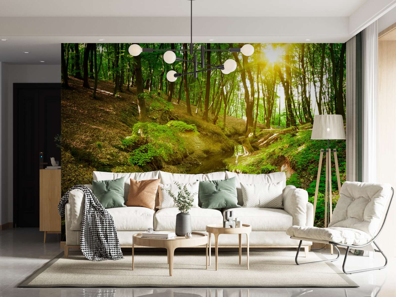 Fototapeta poranne światło słoneczne w zielonym lesie wypełnionym liśćmi