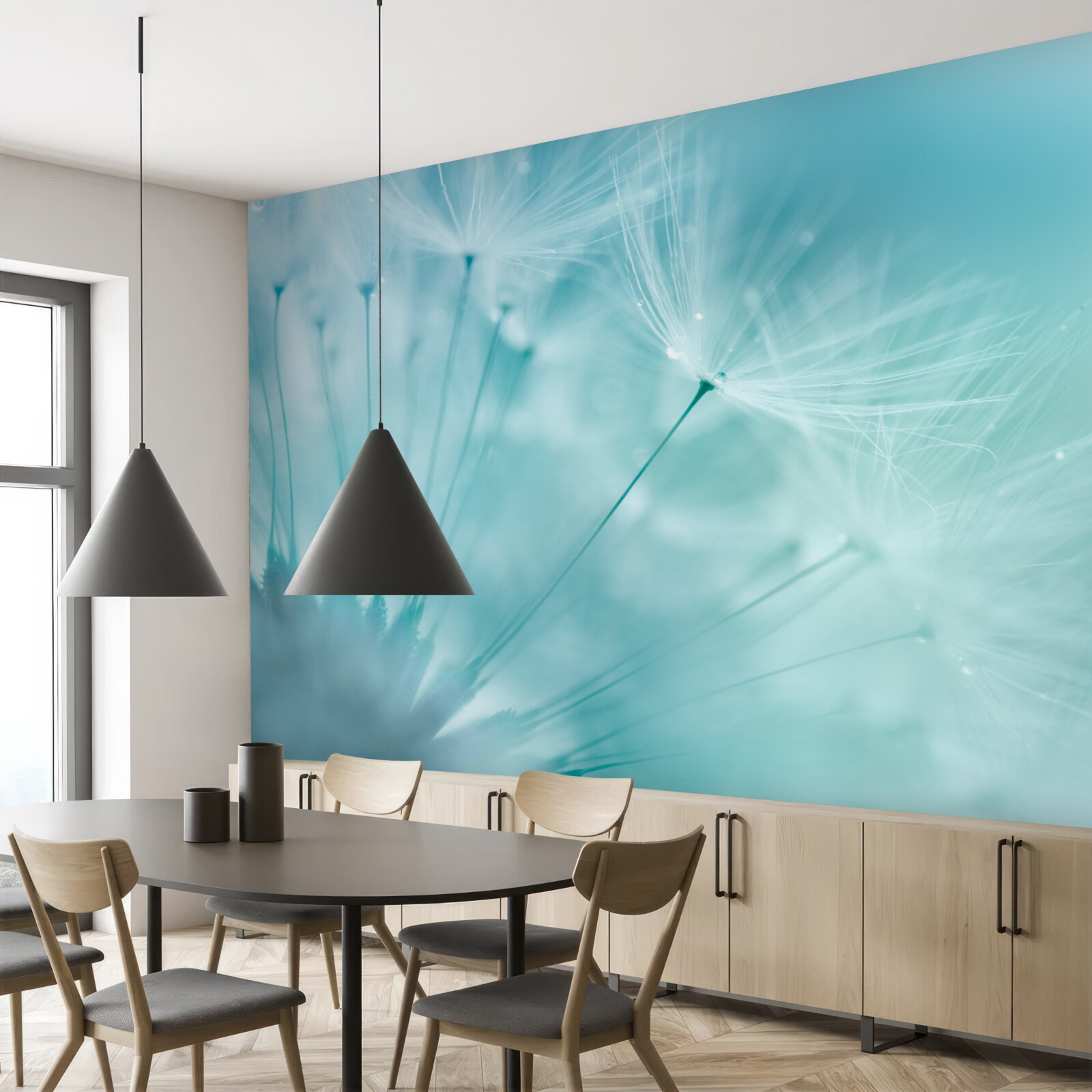 Fototapeta mniszek lekarski z kwiatami na tle błękitnego nieba