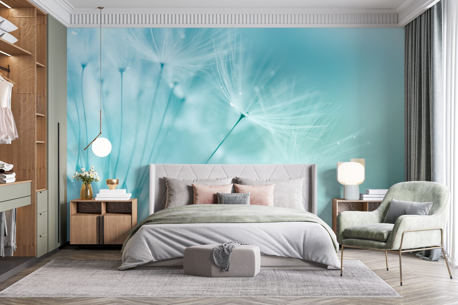 Fototapeta mniszek lekarski z kwiatami na tle błękitnego nieba