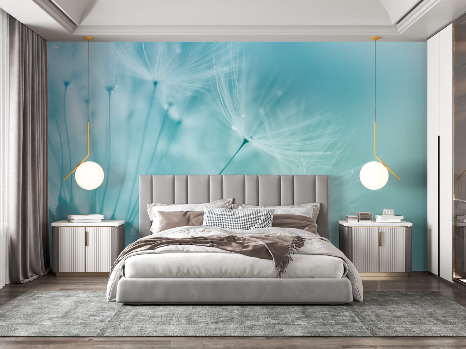 Fototapeta mniszek lekarski z kwiatami na tle błękitnego nieba