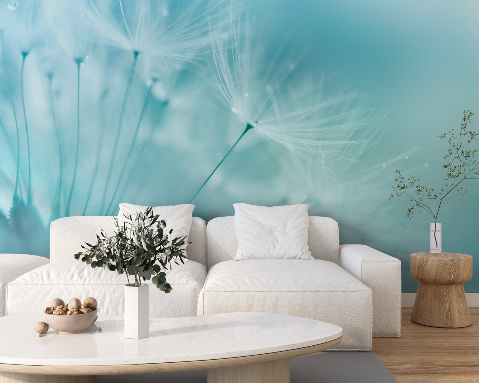 Fototapeta mniszek lekarski z kwiatami na tle błękitnego nieba