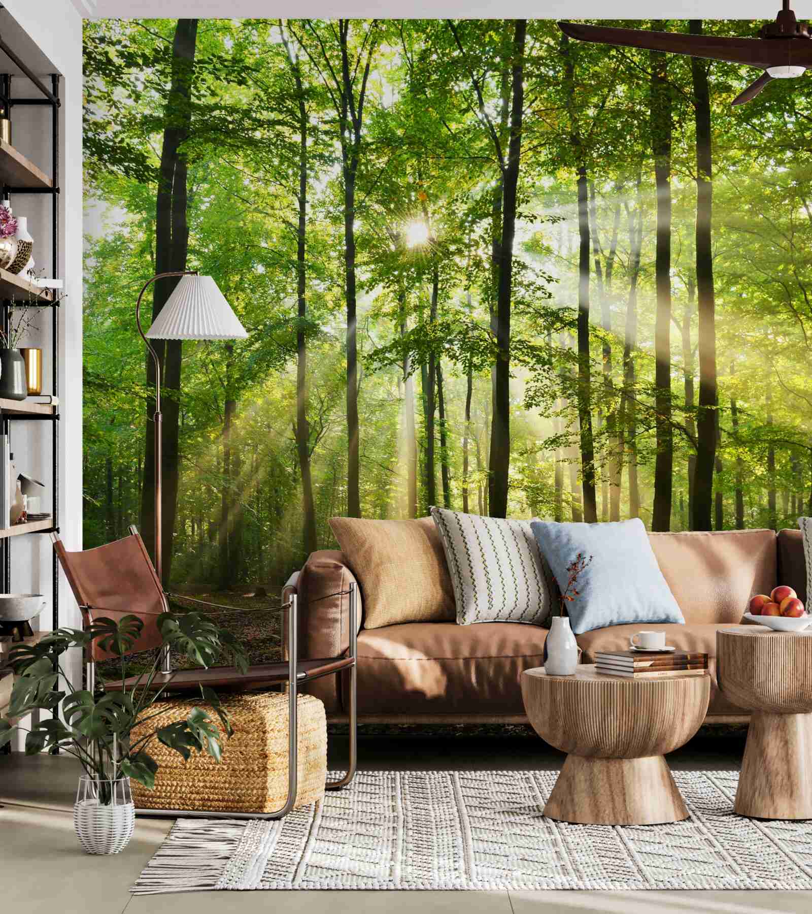 Fototapeta promienie słońca przebijają się przez uporządkowany zielony las