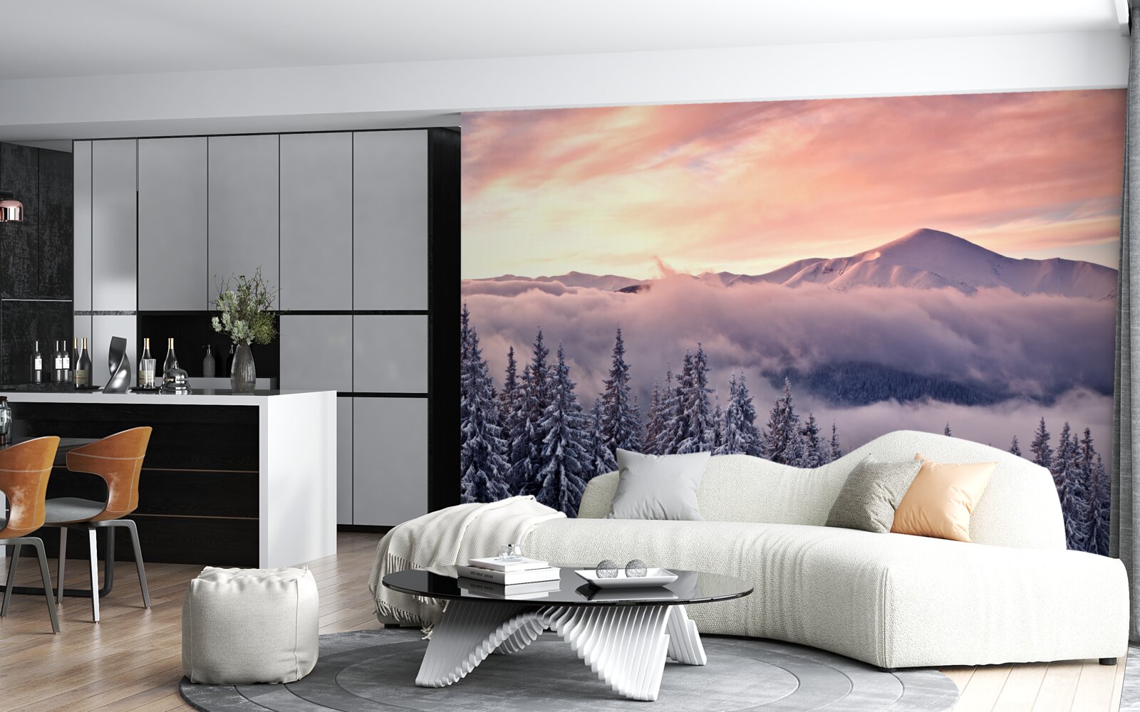 Fototapeta zachód słońca spowity mgłą w górach maluje przestrzeń w chłodnych różowych odcieniach