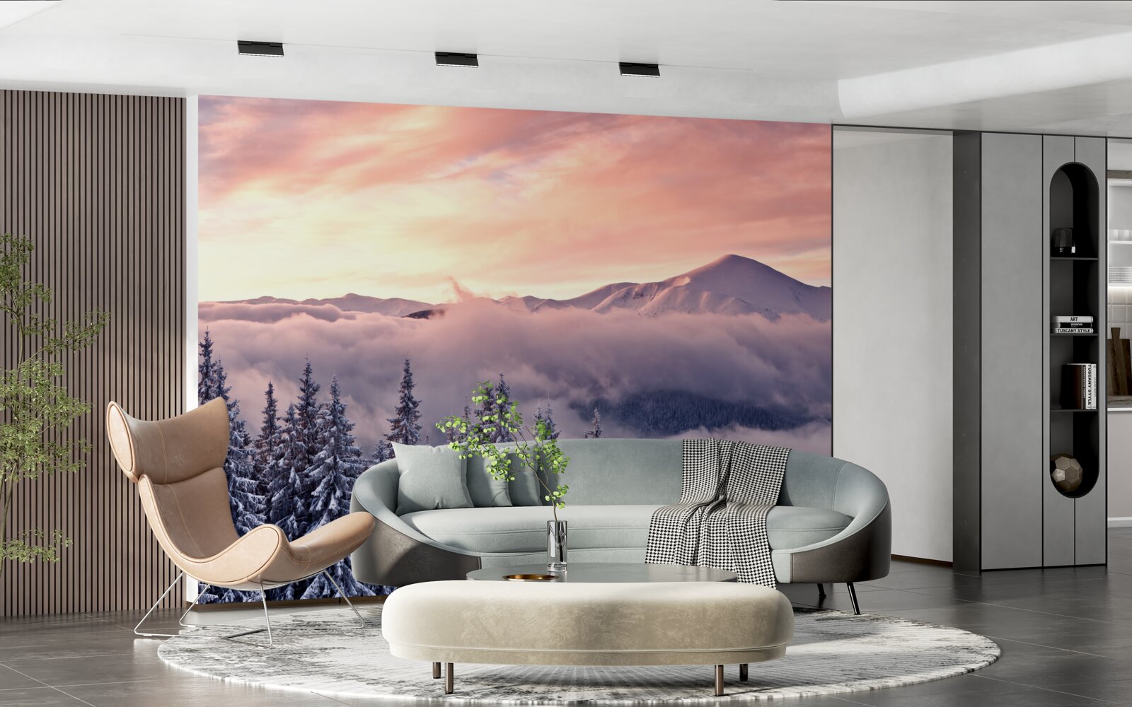 Fototapeta zachód słońca spowity mgłą w górach maluje przestrzeń w chłodnych różowych odcieniach