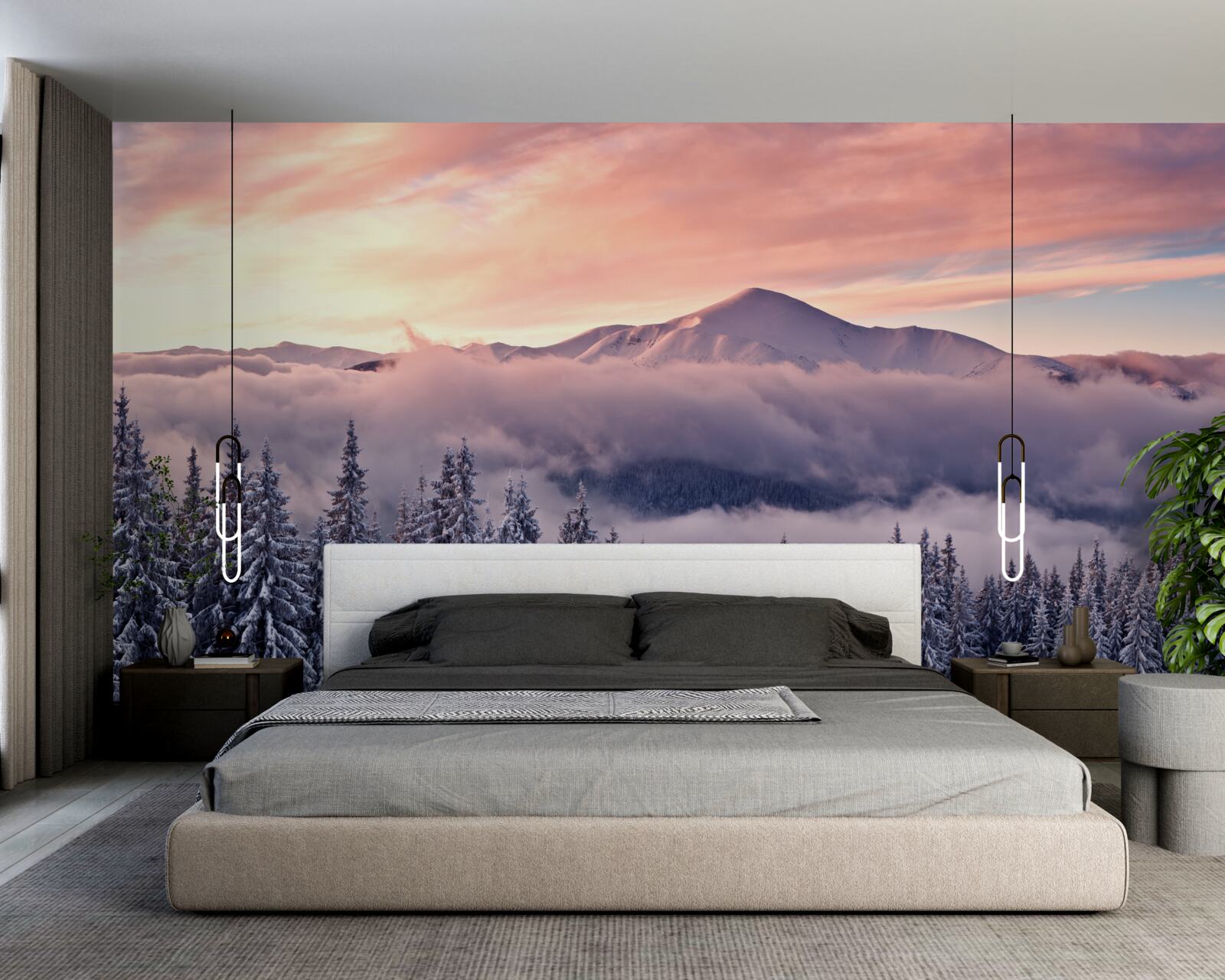 Fototapeta zachód słońca spowity mgłą w górach maluje przestrzeń w chłodnych różowych odcieniach