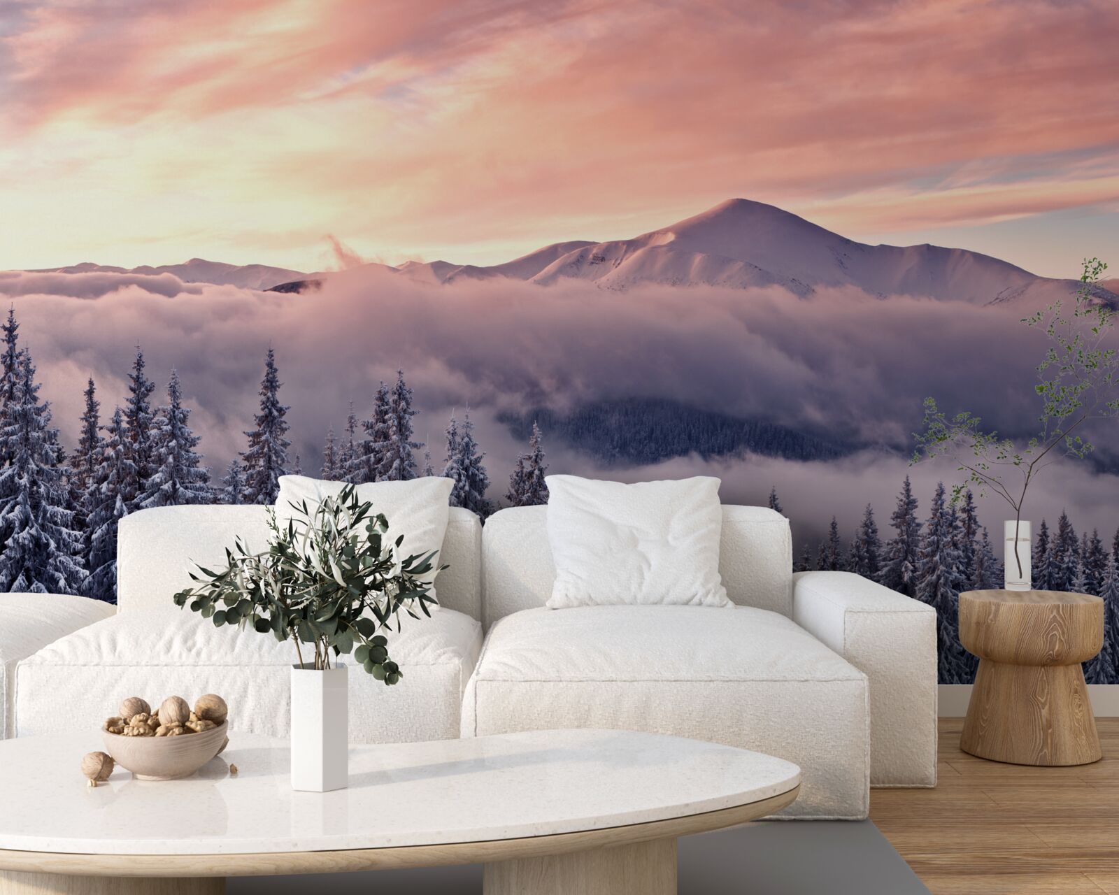 Fototapeta zachód słońca spowity mgłą w górach maluje przestrzeń w chłodnych różowych odcieniach